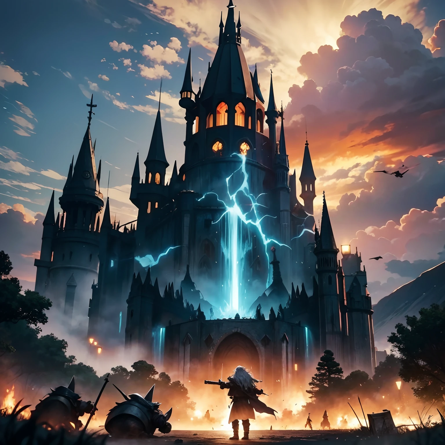 decenas de orcos estan atacando un pueblo gandalf defiende el pueblo con poderes magicos