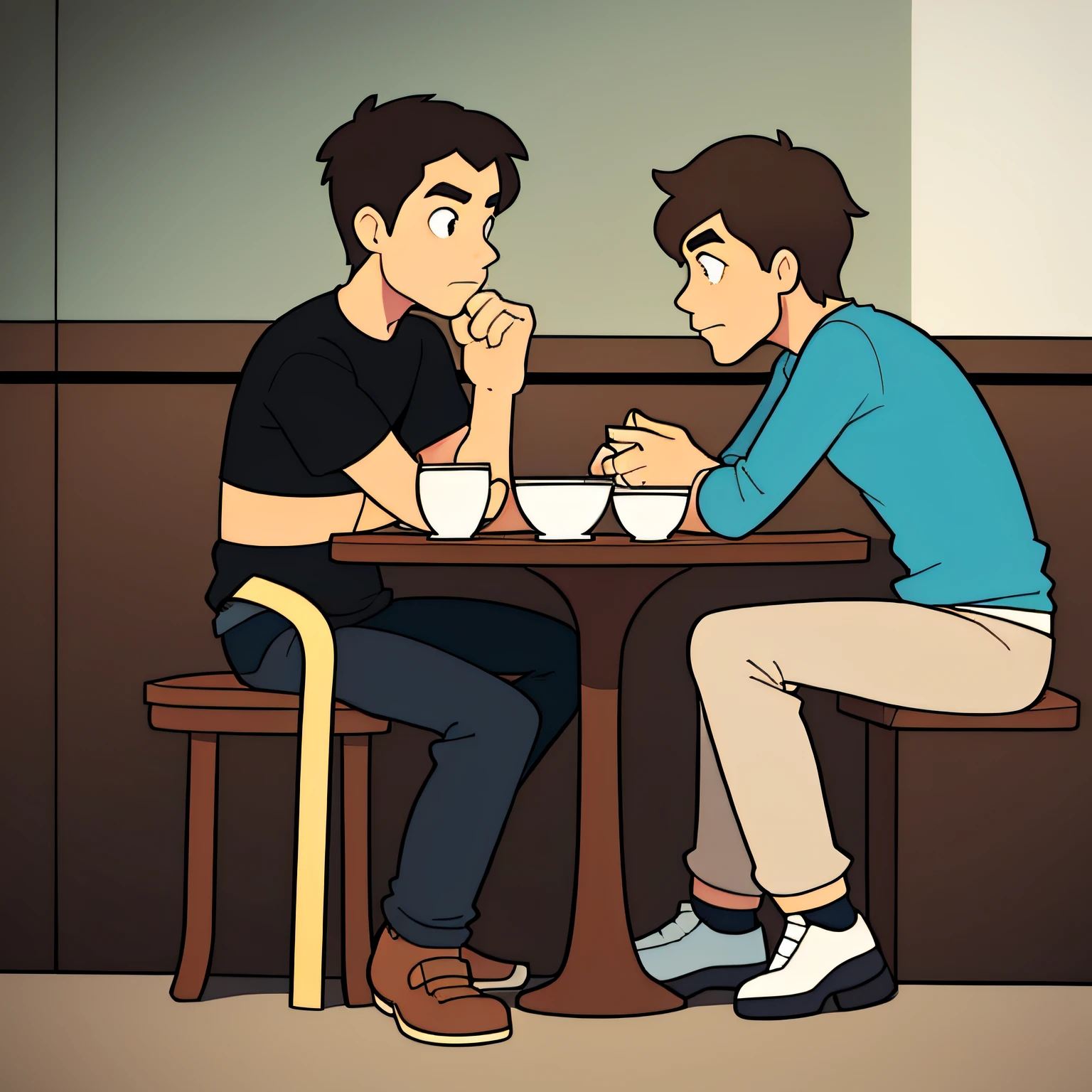 two guys，sitting in a café，Sit in two chairs，face to face