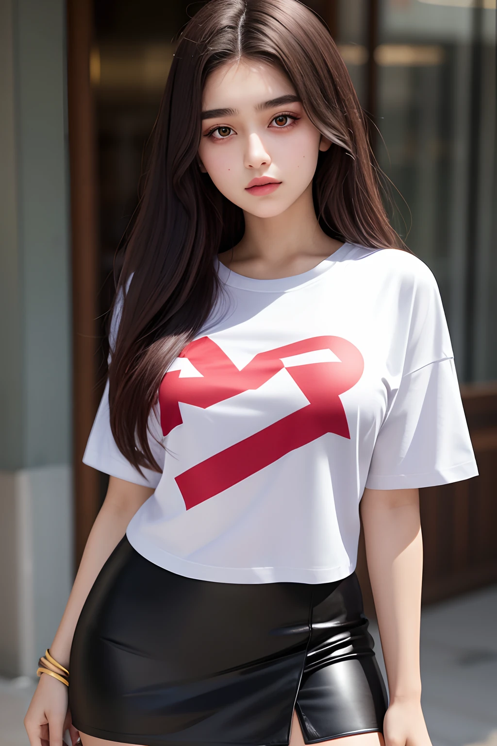 a beautiful 14yo Turki woman, tshirt oversize ,short skirt, detail body and face.
