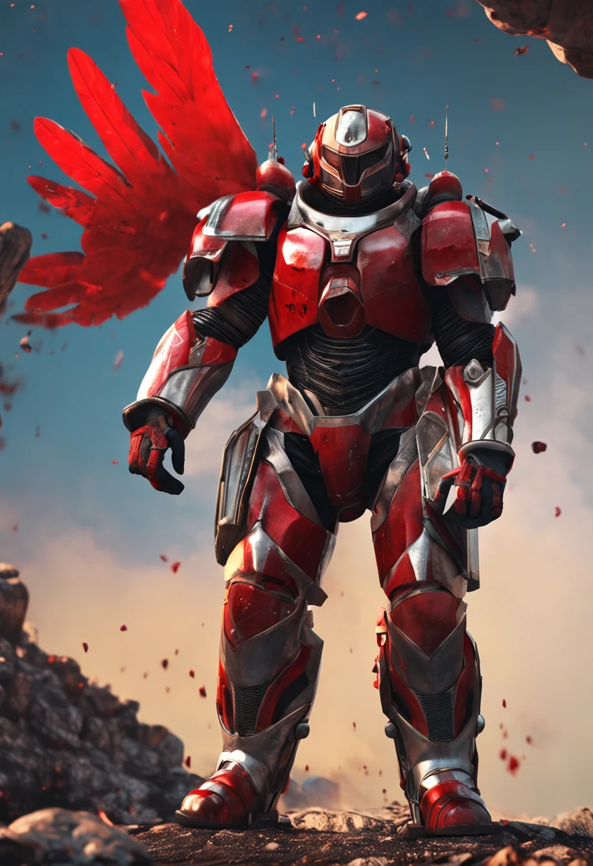 Human, Male, power armor, medieval armor, power aura, tecno armor, angel wings mechanical, silver and red colors, astronaut, red core, golden helmet, power glove, fly in space , comic style, realistic, Heroic
