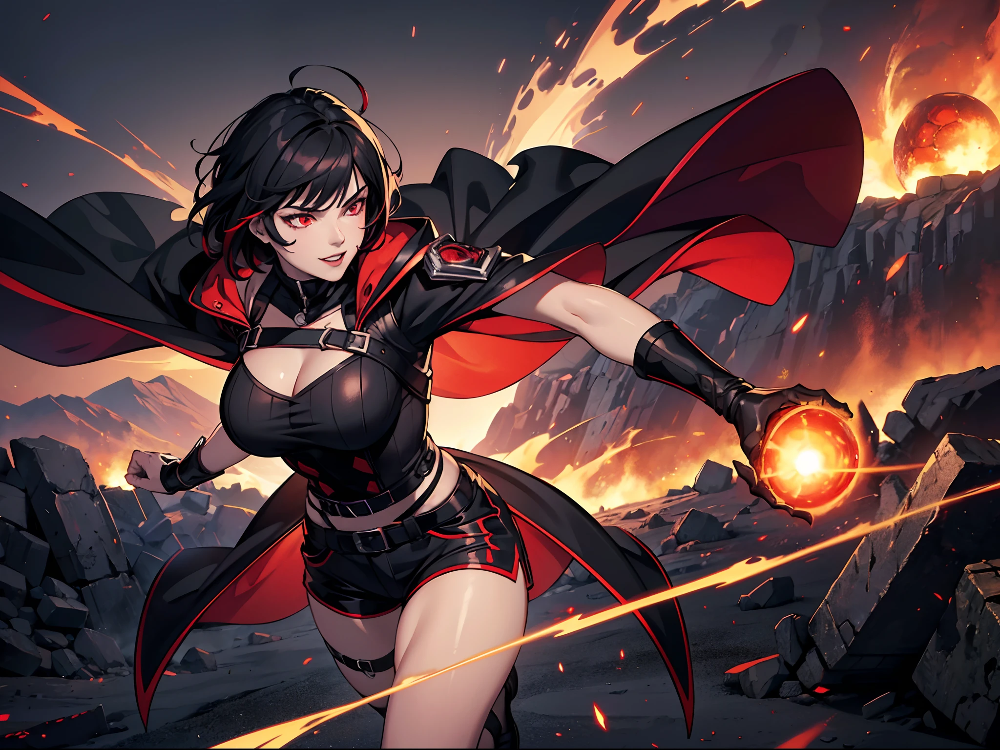 bad-girl, mature female, ((masterpiece)), ((best quality)), (ultra detailed),((extremely detailed body)), ((extremely detailed 8k CG wallpaper)), HDR, 1girl, black hair with red streaks, short hair, bangs, red eyes, glowing eyes, detailed eyes, evil smile, red energy blasts coming out of hand, attack pose, black shorts, torn white shirt, black cloak, energy particles red, apocalyptic scenery in flames, detailed scenery, dynamic angle