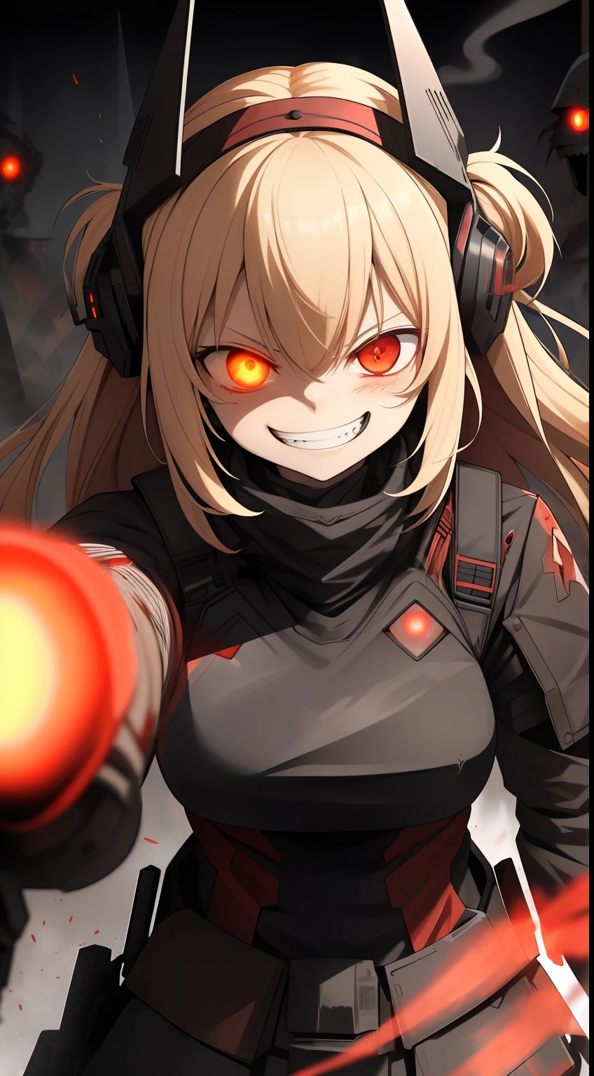 grinning killer sopmod bursting out of a smokescreen to ambush her enemies, strawberry blonde, red eyes, ((glowing eyes)), action, dynamic, leaning forward, motion lines, ((grin)), yandere, happy, crazy eyes, ruins, post-apocalypse, [profile], upper body, portrait, feet out of frame,