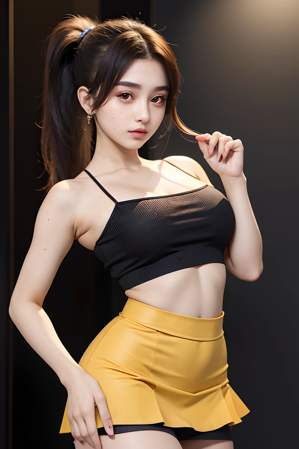 (high resolution, Realistic) portrait of a gorgeous Korean girl with (white wavy hair) and (heterochromic eyes) framed by small moles under her eyes. She's wearing a (loose yellow shirt) and (yoga pants) which showcase her (tight abs) and (camel toes), while her (big breasts) and (long legs) add to the allure.
