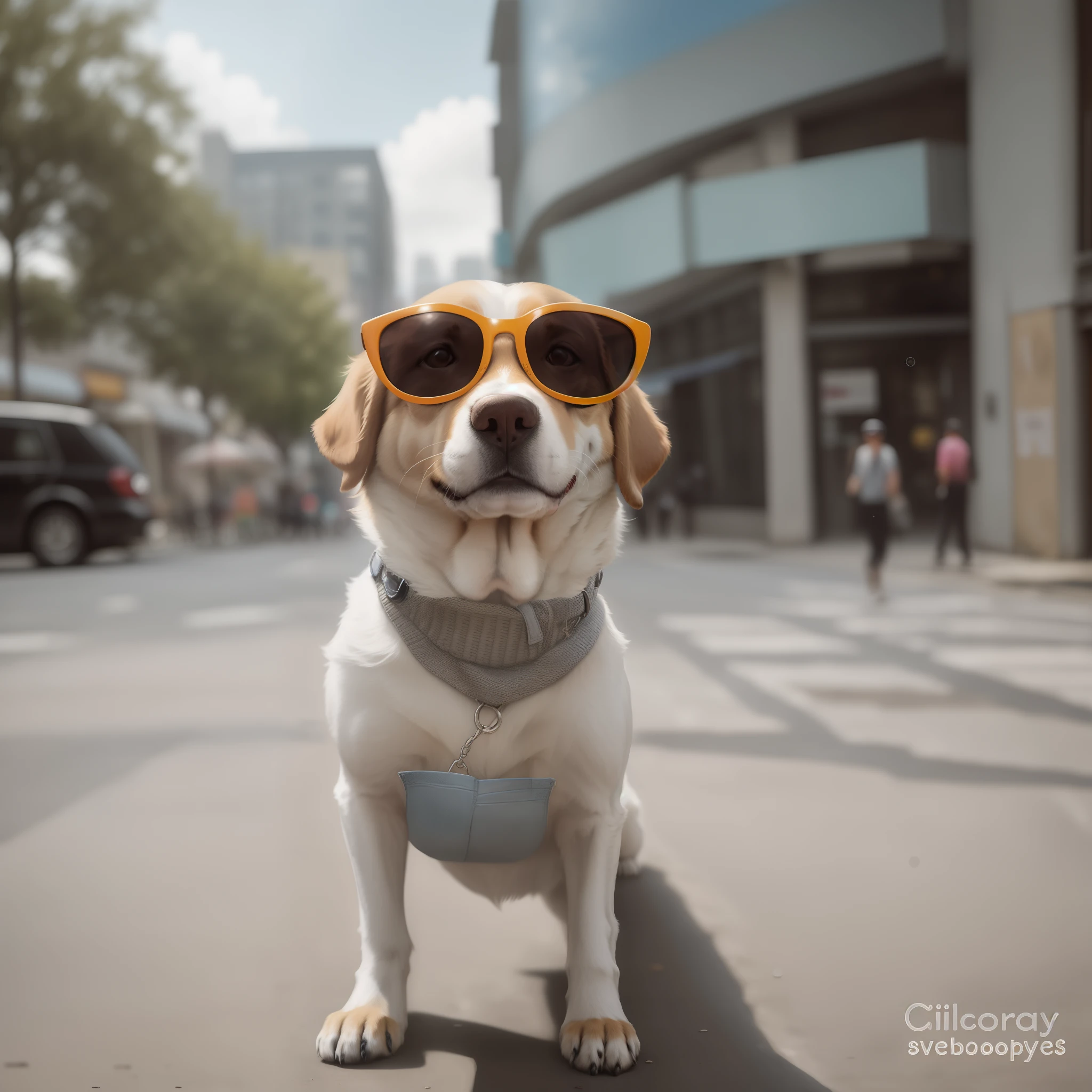 There is a dog wearing sunglasses on the city street, chillhop, On a sunny day, Cute dog, lemon wearing sunglasses, on a bright day, In the city, Wearing cool sunglasses, Sunny weather, wearing shades, um dia ensolarado, Sunny day, governor, inspired by Chris LaBrooy, In sunny weather, summer day, on a bright day