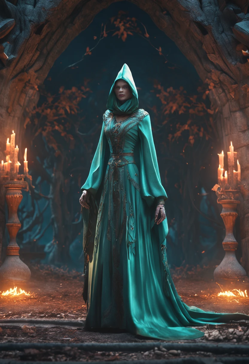 (((of the highest quality: 1.4))), ,(very intricate:1.3)(unparalleled masterpiece ever), (Ultra high definition),(Ultra-realistic 8K CG),(actionpose), (dark shot: 1.4), beautiful witch, The most bewitching in the world,(Complex mage wizard ornate robes and hats, Green Cape, :1.1), Realistic detailed aqua eye, 8 life-size, thicc body,(Magical mystical background, Fog, Faint darkness), The tree々Transmitted light adds depth to images, (Cinematic, Teal, orange: 0.85), (Muted colors, dim colors, Muted Tones: 1.3), Low saturation, (Hyper Detail: 1.2), (Noir: 0.4), , Perfect Anatomy