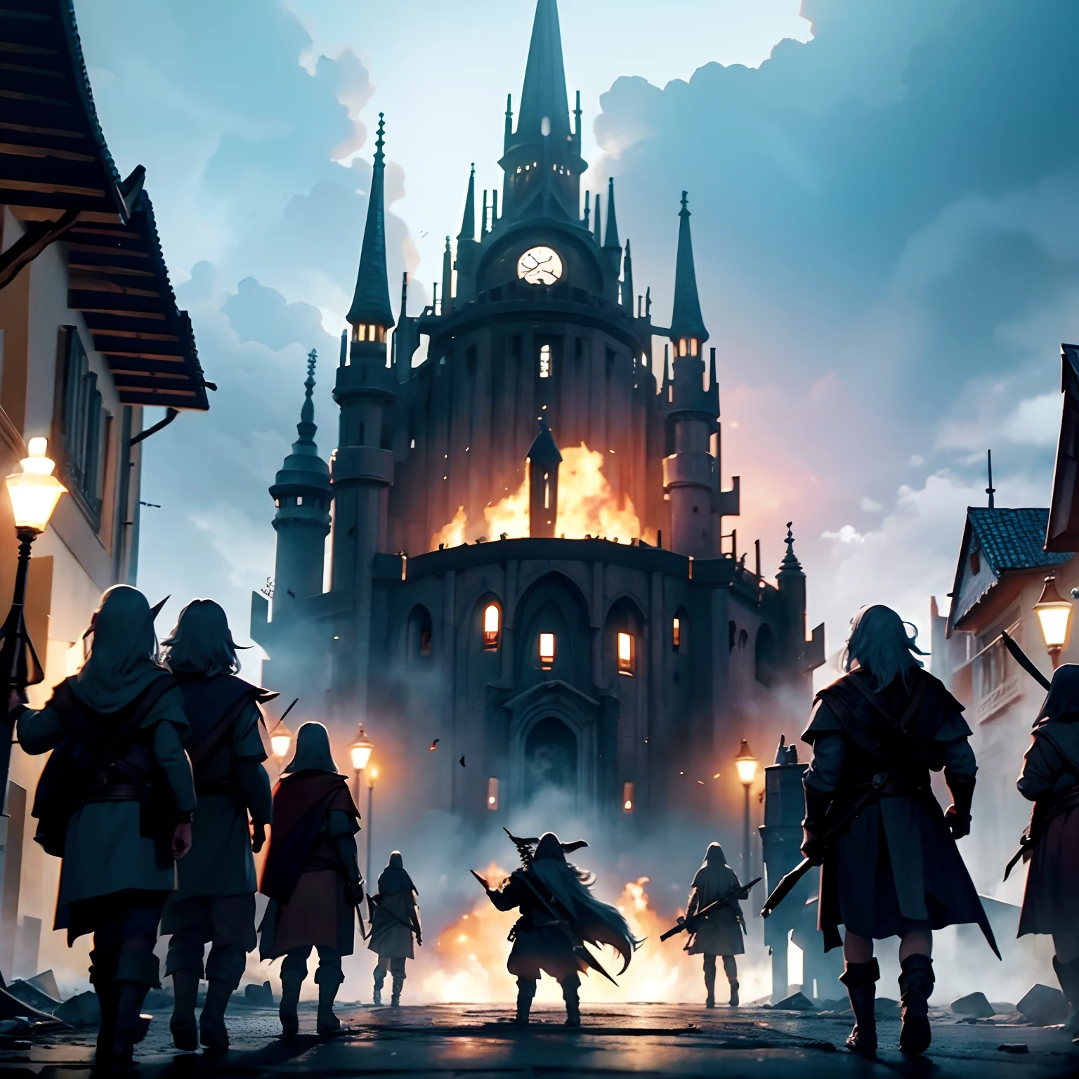 decenas de orcos estan atacando un pueblo  gandalf defiende el pueblo con poderes magicos