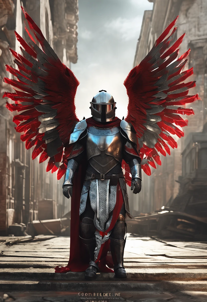 Humano, masculino, Armadura de poder, Armadura medieval, Aura de poder, Tecno Armadura, Mechanical angel wings, colores plata y rojo, astronauta, Red Core, Casco dorado, Guante de poder, Volar en el espacio , comiс style, realista, heroico