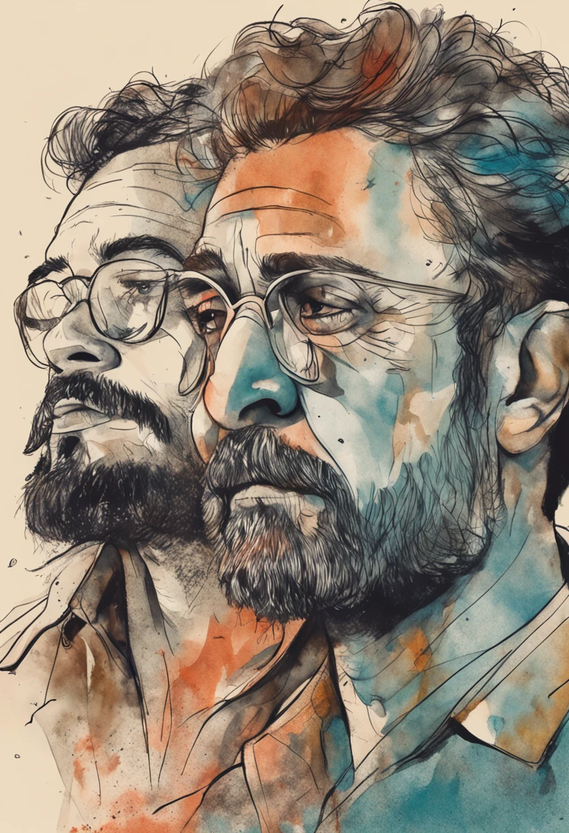 calmo, pintura a tinta e aquarela, retratando um homen com pouca barba e com um cabelo amarrado, olhar sereno, paz