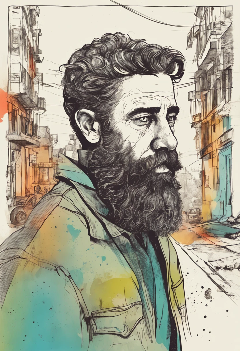 calmo, pintura a tinta e aquarela, retratando um homen com pouca barba e com um cabelo amarrado, olhar sereno, paz