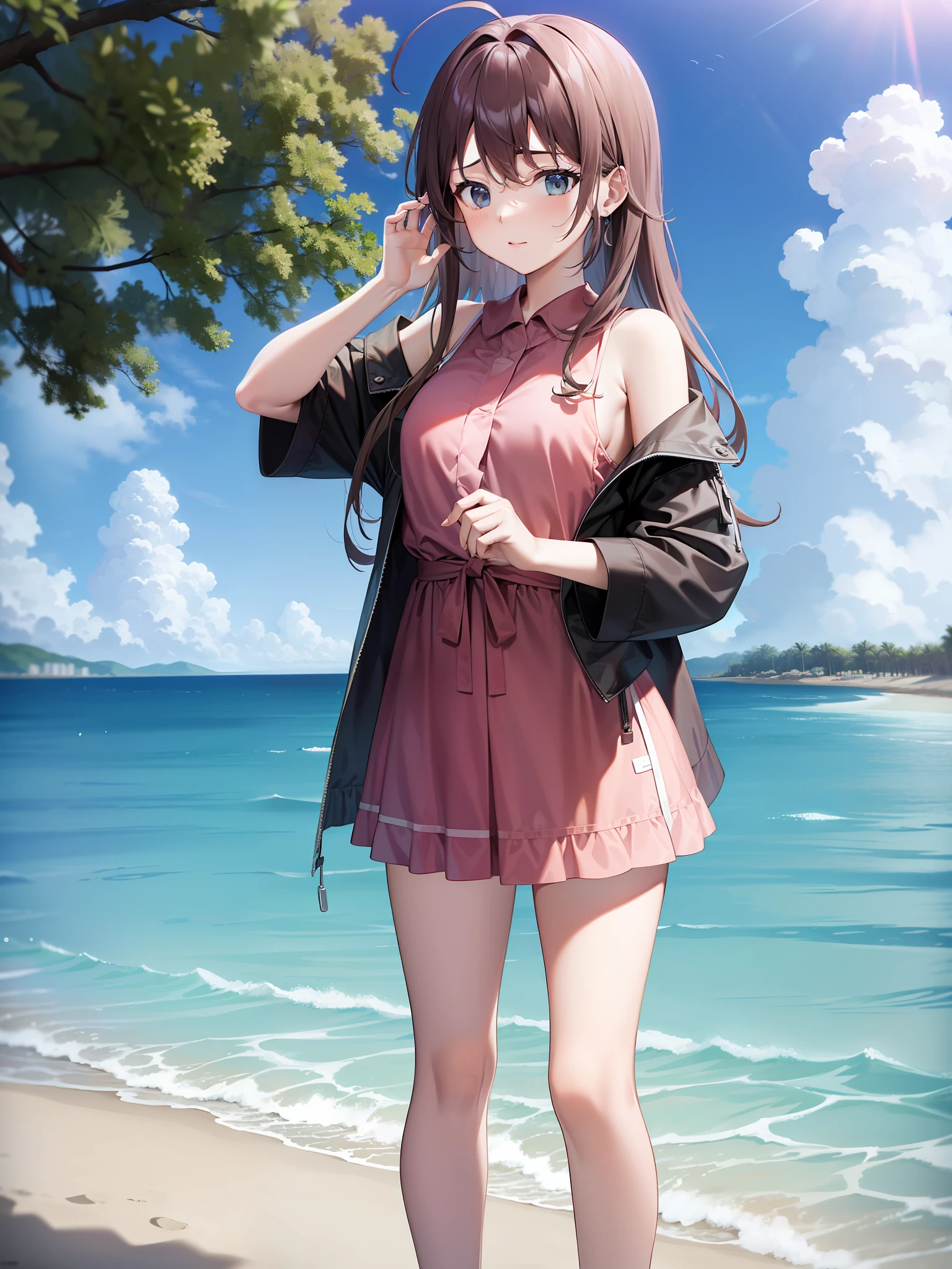standing on beach,The hair was long,The chest is large。