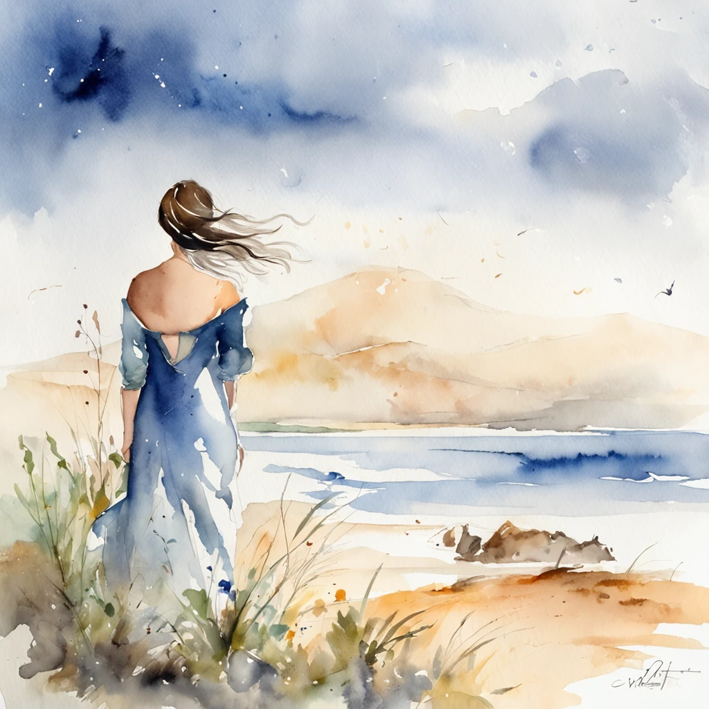 White paper expressed only by shades of ink,1male people, 1womanl, Sea background, the wind, watercolor paiting, Watercolor blur, ink and watercolor painting