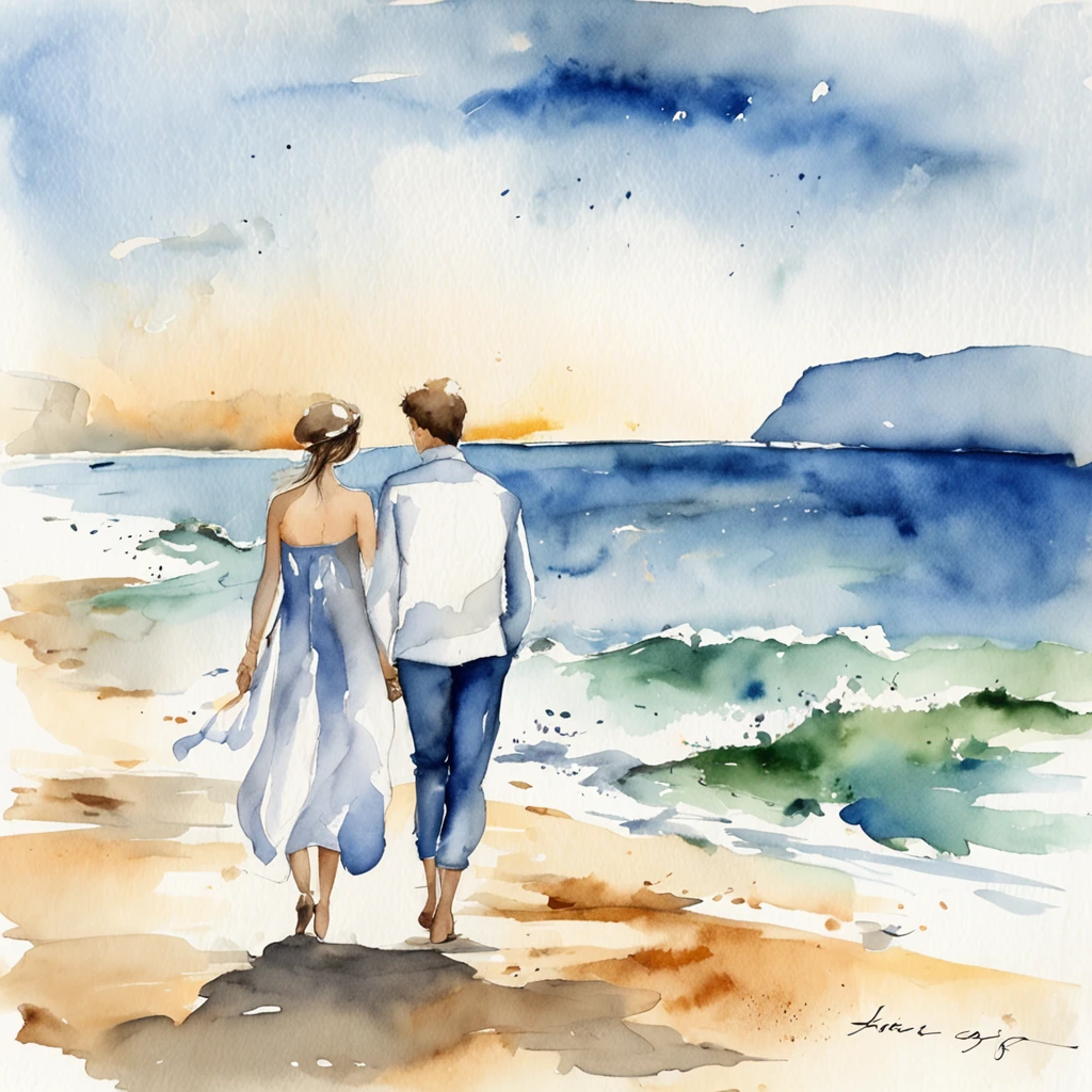 White paper expressed only by shades of ink,1male people, 1womanl, Sea background, the wind, watercolor paiting, Watercolor blur, ink and watercolor painting