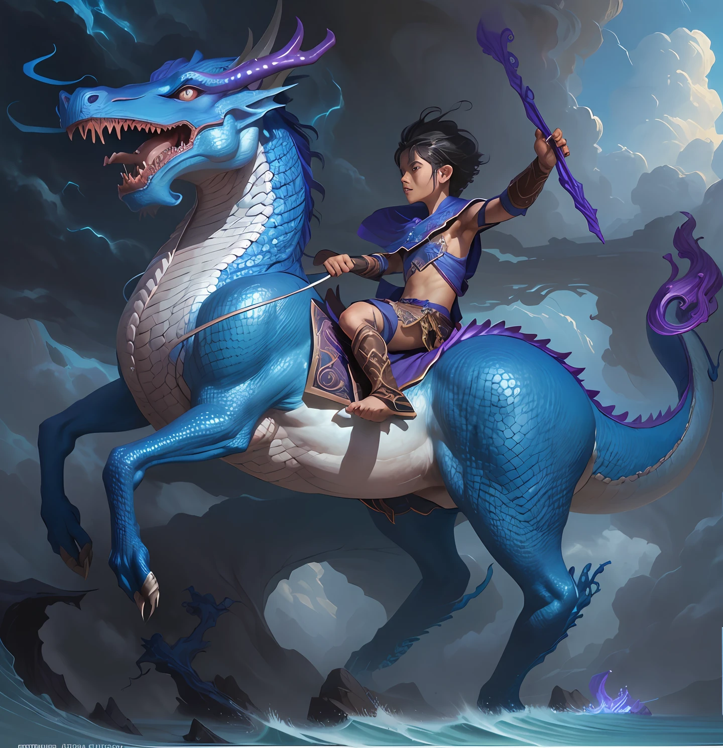 Close-up of a child riding a blue dragon on a purple beach, Dragon Rider, epic fantasy digital art style, Dragon Ride, by Yang J, Rob Ray, epic fantasy art style, Epic Fantasy Illustration, By Jeremy Chong, tithi luadthong, Ross Tran and Michael Whelan, fantasy art behance, by Bayard Wu, by Ryan Yee