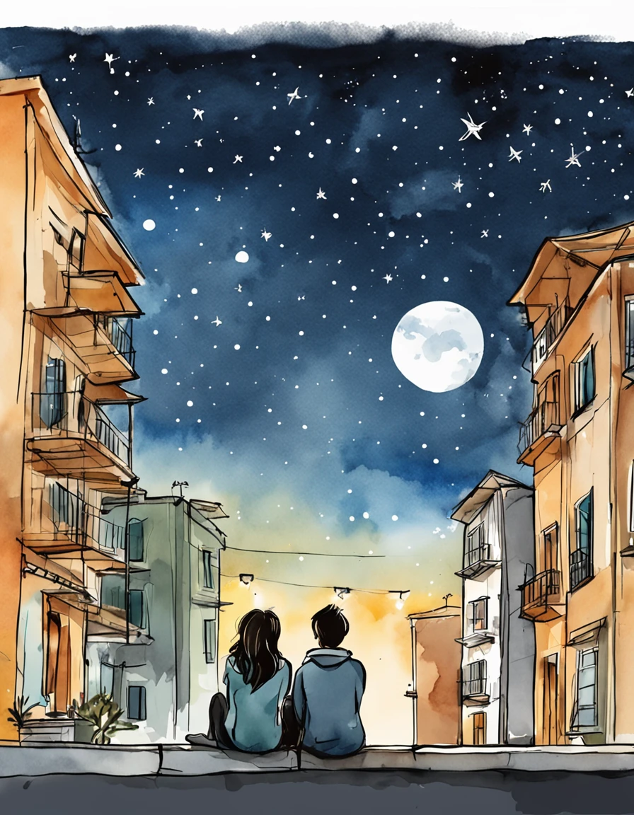 From the roof of the building、Two people sitting on asphalt staring at stars in urban sky,nestle、 a couple, Looking to the stars, Night, Night - hour, Simple illustration, during night, Linear illustration, looking at the stars, Night time, Together, handdraw, illustartion, Calm feeling, natta, under the starry sky, having a good time, Starred、Angle from a distance、watercolor paiting、