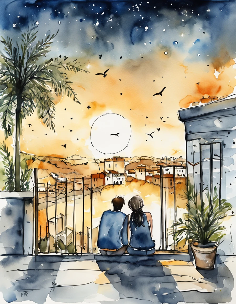 From the roof of the building、Two people sitting on the asphalt looking at stars in the urban sky,aninhar、 um casal, Olhando para as estrelas, Noite, Noite - hora, simple illustration, durante a noite, Linear illustration, Olhando para as estrelas, night time, junto, desenho manual, illustartion, feeling calm, Noite, Under the starry sky, Divirta-se, Estrelou、Angle at a distance、aquarela paiting、