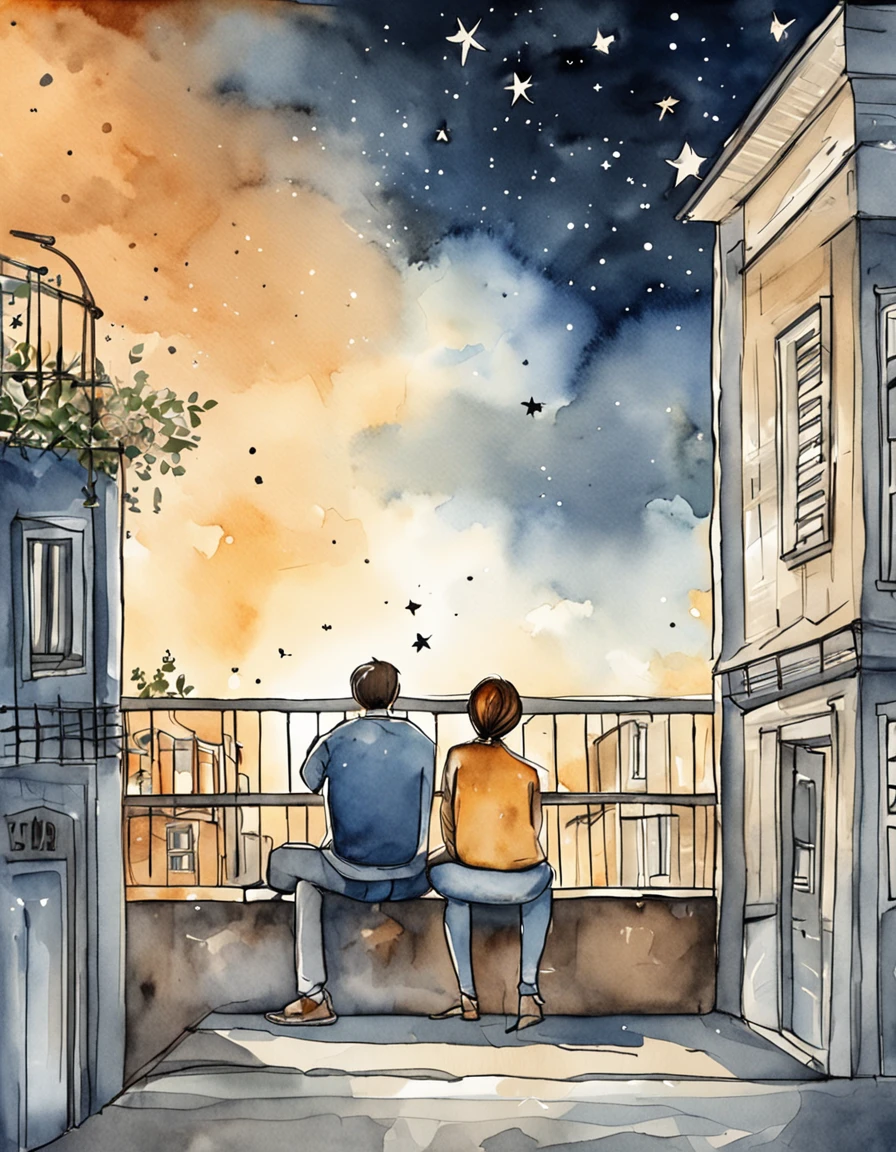 From the roof of the building、Two people sitting on the asphalt looking at stars in the urban sky,aninhar、 um casal, Olhando para as estrelas, Noite, Noite - hora, simple illustration, durante a noite, Linear illustration, Olhando para as estrelas, night time, junto, desenho manual, illustartion, feeling calm, Noite, Under the starry sky, Divirta-se, Estrelou、Angle at a distance、aquarela paiting、