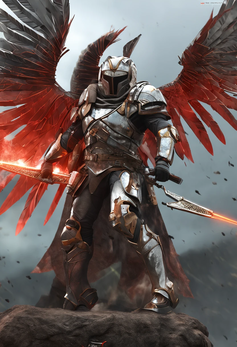 Humano, masculino, Armadura de poder, Armadura medieval, Aura de poder, Tecno Armadura, Mechanical angel wings, colores plata y rojo, astronauta, Red Core, Casco dorado, Guante de poder, Volar en el espacio , comiс style, realista, heroico
