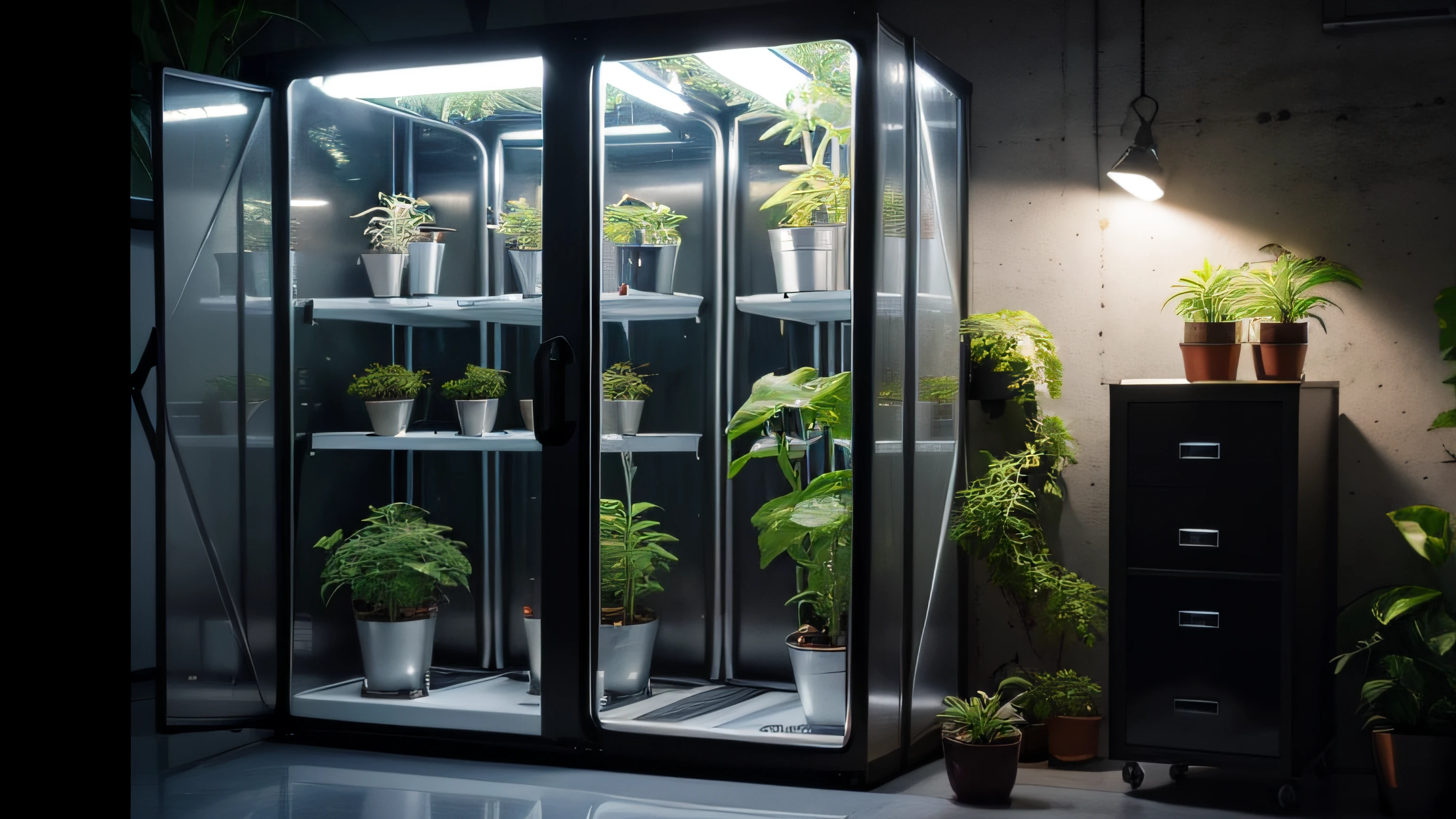 futuristic hydroponic Indoor weed ((grow box)) cabinet on a ((industrial warehouse)), grow cabinet with a touch screen and a separate (air filtering) hose system at its right, grow cabinet with ((((plants)))) inside, hydroponic grow cabinet, 6 trays shelf, indoor greenhouse cabinet, indoor grow box with air filtering system, warehouse industrial facility, Hydroponic System, LED Grow Lights, Hydroponic Grow Box, Smart Grow Cabinet, LED Grow Box, six chamber cabinet, SuperCloset LED, Automated Hydroponic Grow Box, Hydroponic Growing Systems Cabinet, hydroponic growing system utilizes technology to simulate sunlight, design trend 2023, photorealistic rendering, octane, corona