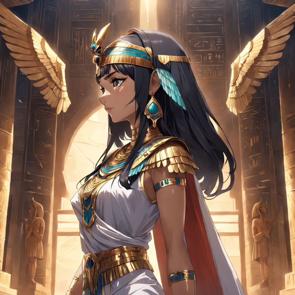 ((masterpiece, super detailed, very high resolution, best quality;1.3)), solo, 1woman, side light, glowing skin, Not looking at the view, Don't look at the view, egyptian woman, long dark hair, egyptian queen clothes, Isis goddess, Isis wings, egyptian empress crown, egyptian jewerly, ((egyptian palace background)),