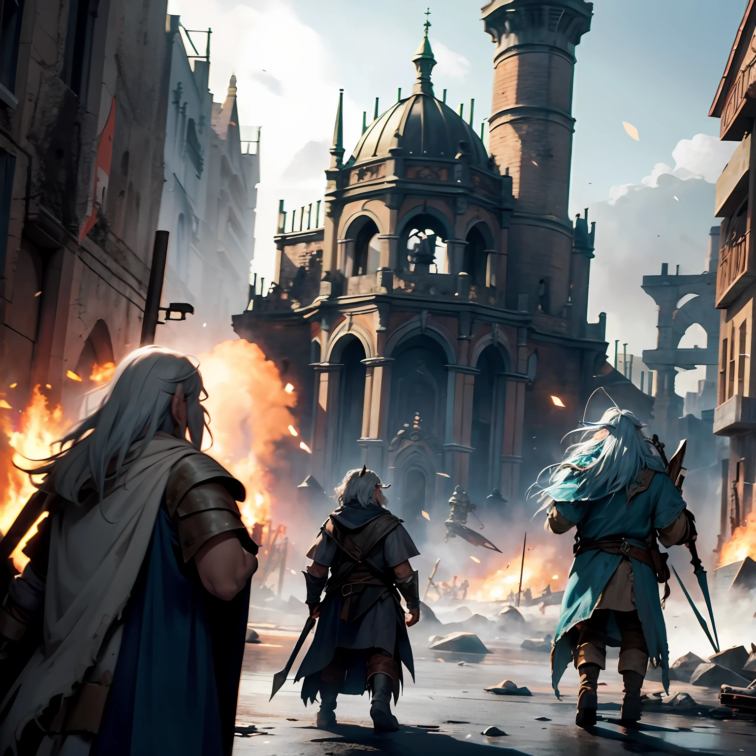 decenas de orcos estan atacando un pueblo gandalf defiende el pueblo con poderes magicos