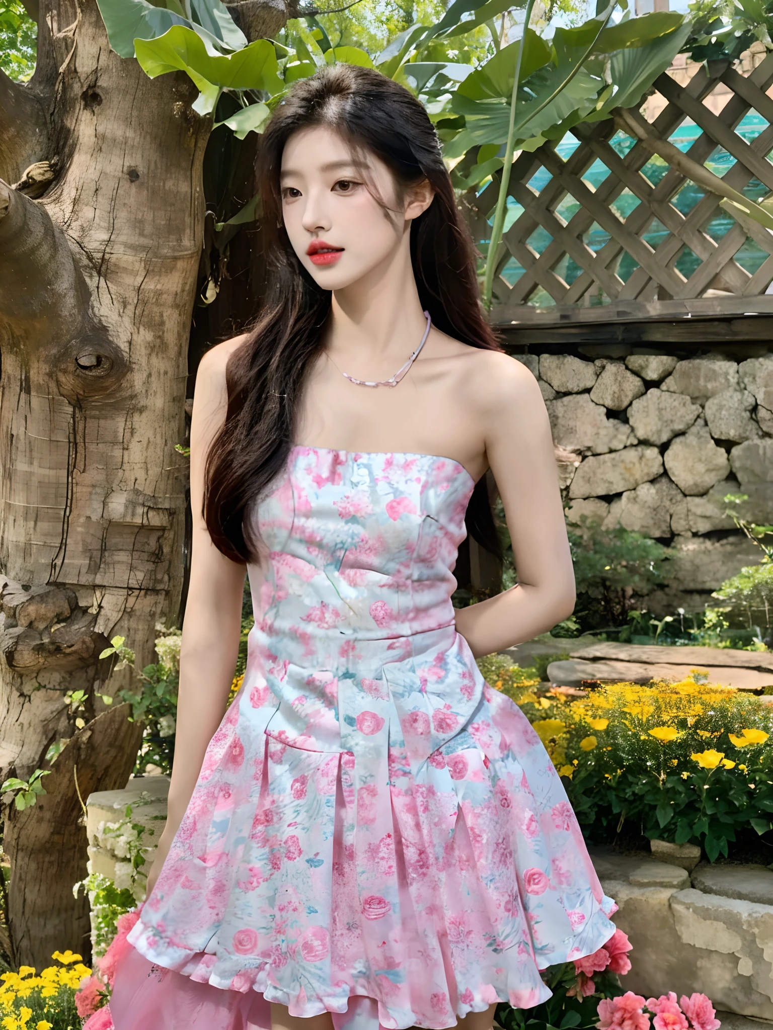 Araki woman in pink dress standing in front of a tree, Bandeau dress, bae suzy, wearing pink floral gown, shaxi, wearing pink floral chiton, xintong chen, Shin Jinying, jia, 8K)), yanjun cheng, jisoo from blackpink, wenfei ye, jisoo of blackpink, Strapless dress, Cheongsam，seductiv，（（（Open-mouthed））），（（（teeth）））