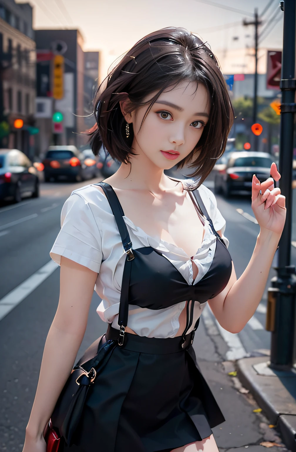 best quality, masterpiece, 1 girl, beautiful face, (photo photo:1.3), edge lighting, (high detail skin:1.2), 8k ultra hd, dslr camera, high quality, high resolution, 4k, 8k, bokeh, ridiculous, best ratio four fingers and one thumb, (realistic:1.3), cute 1girl, wearing black suspenders, medium breasts, short skirt,