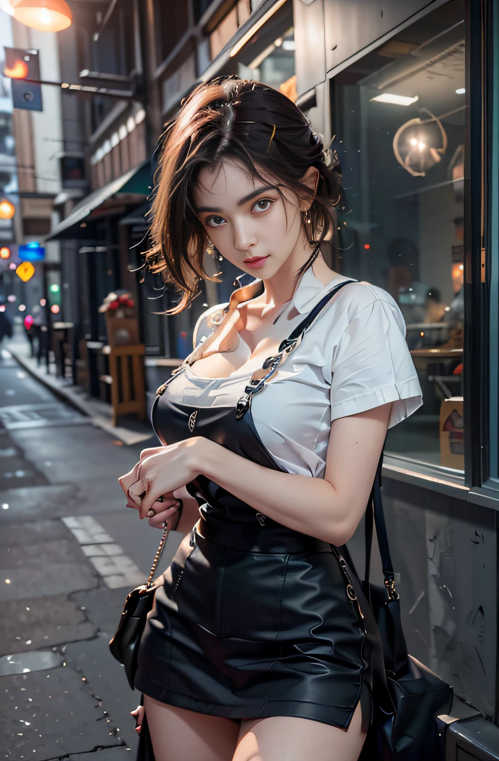 best quality, masterpiece, 1 girl, beautiful face, (photo photo:1.3), edge lighting, (high detail skin:1.2), 8k ultra hd, dslr camera, high quality, high resolution, 4k, 8k, bokeh, ridiculous, best ratio four fingers and one thumb, (realistic:1.3), cute 1girl, wearing black suspenders, medium breasts, short skirt,