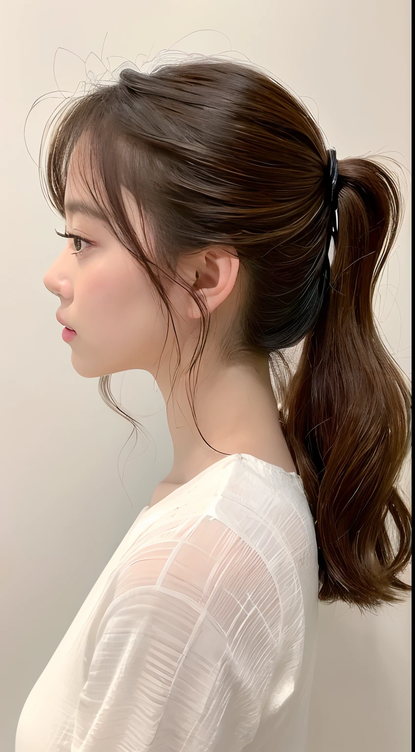 Girl, kimono, off shoulder, bare shoulders, from behind view, ponytail, long hair, brown hair, indoor,