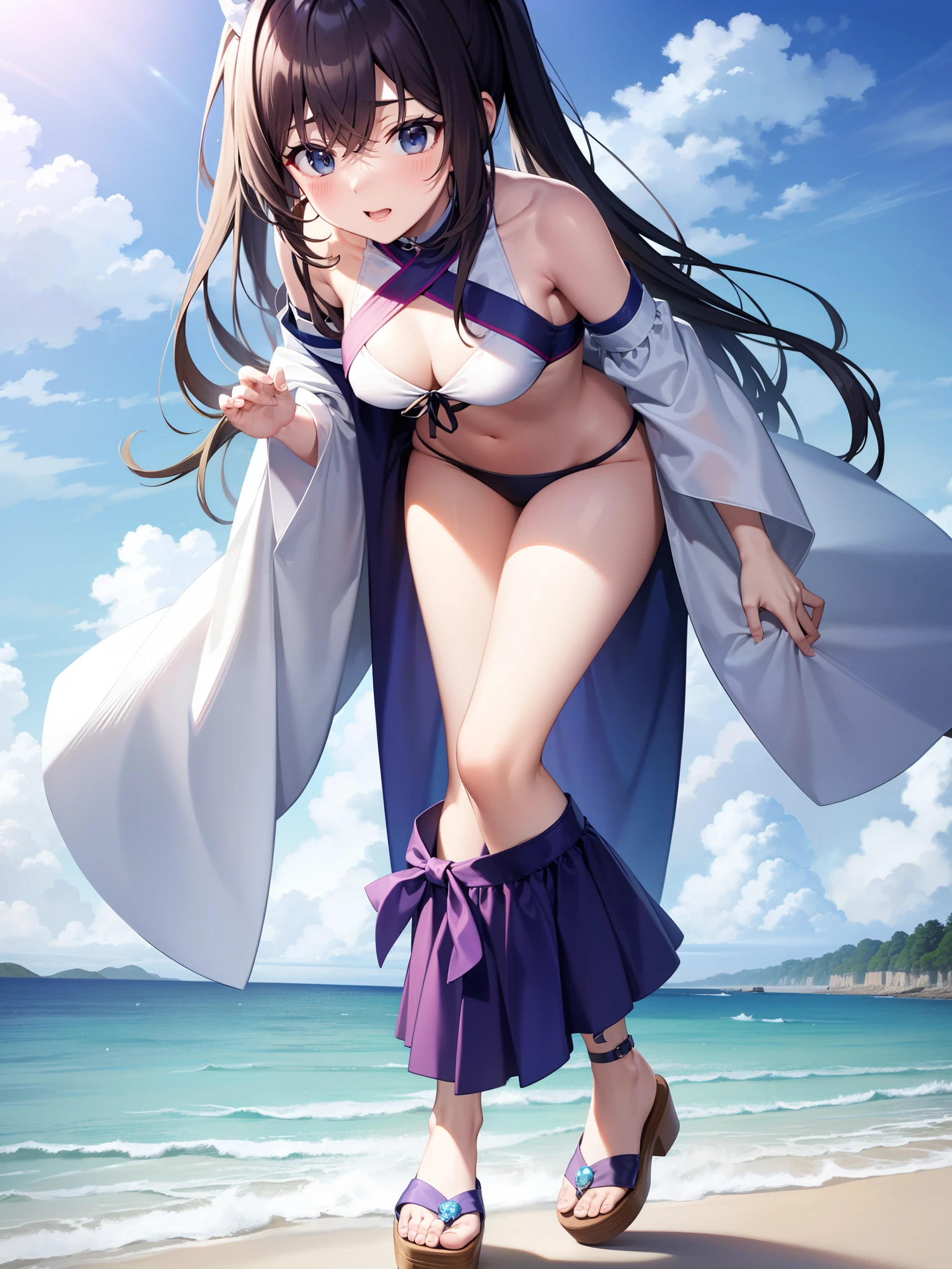 standing on beach，The hair was long，The chest is large。