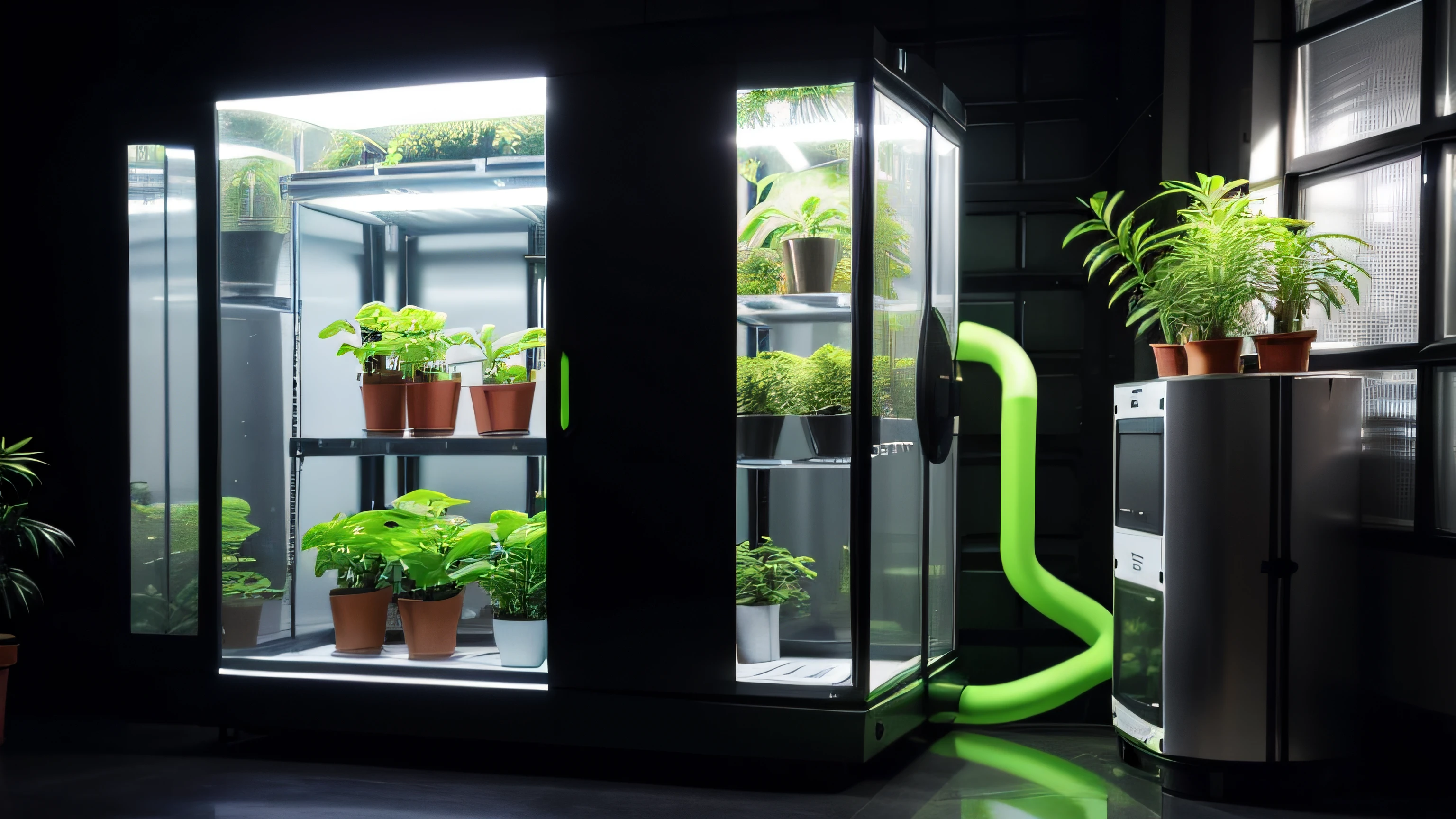 futuristic hydroponic Indoor weed ((grow box)) cabinet on a ((industrial warehouse)), grow cabinet with a touch screen and a separate (air filtering) hose system at its right, grow cabinet with ((((plants)))) inside, hydroponic grow cabinet, 6 trays shelf, indoor greenhouse cabinet, indoor grow box with air filtering system, warehouse industrial facility, Hydroponic System, LED Grow Lights, Hydroponic Grow Box, Smart Grow Cabinet, LED Grow Box, six chamber cabinet, SuperCloset LED, Automated Hydroponic Grow Box, Hydroponic Growing Systems Cabinet, hydroponic growing system utilizes technology to simulate sunlight, design trend 2023, photorealistic rendering, octane, corona