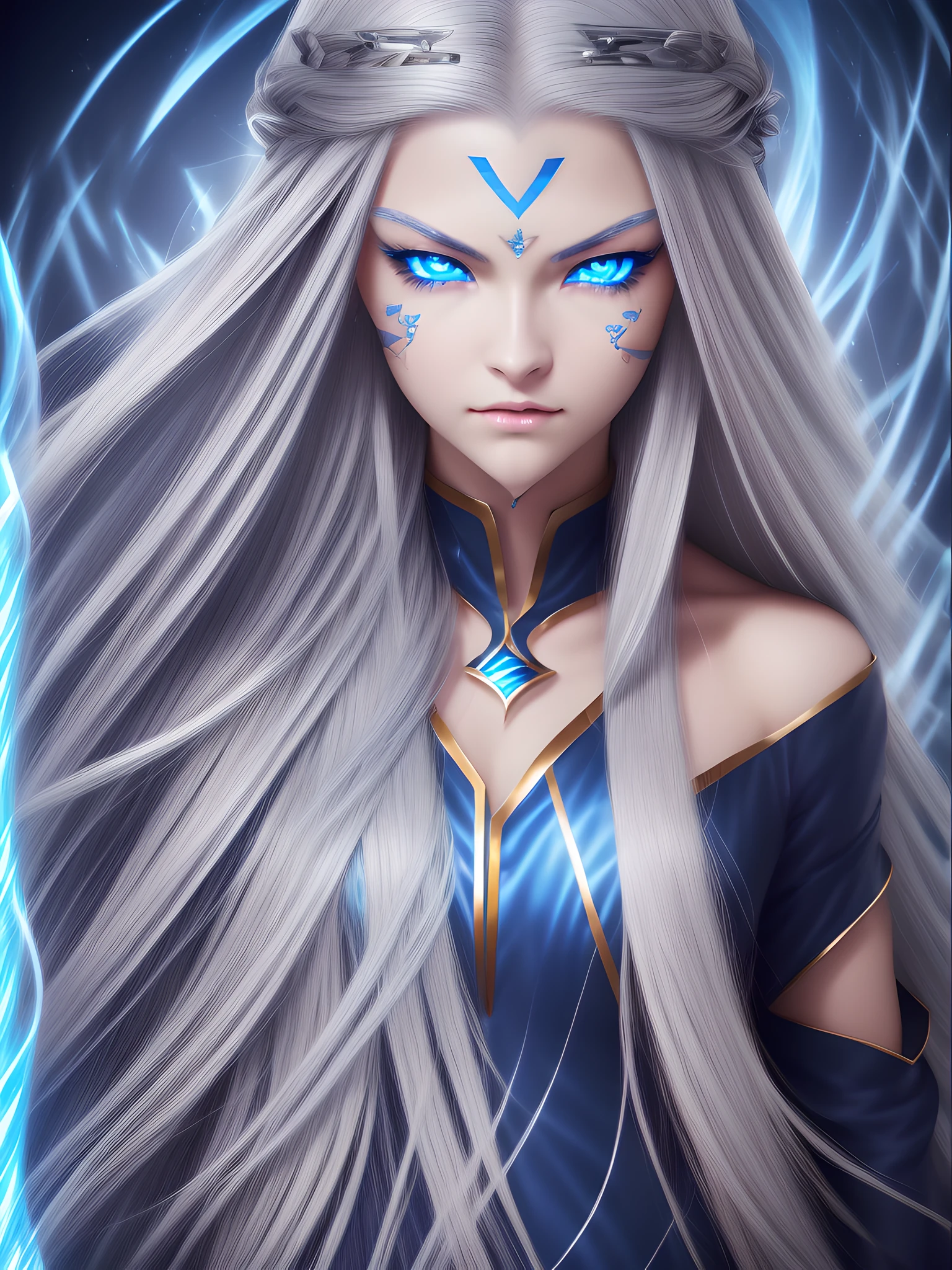 (1 female、(Fair skin)、(de pele branca)、Silver hair long hair、(Blue glowing eyes)、Blue Pupils、Golden Eyes、ruthless look)、Close-up face、close up of face