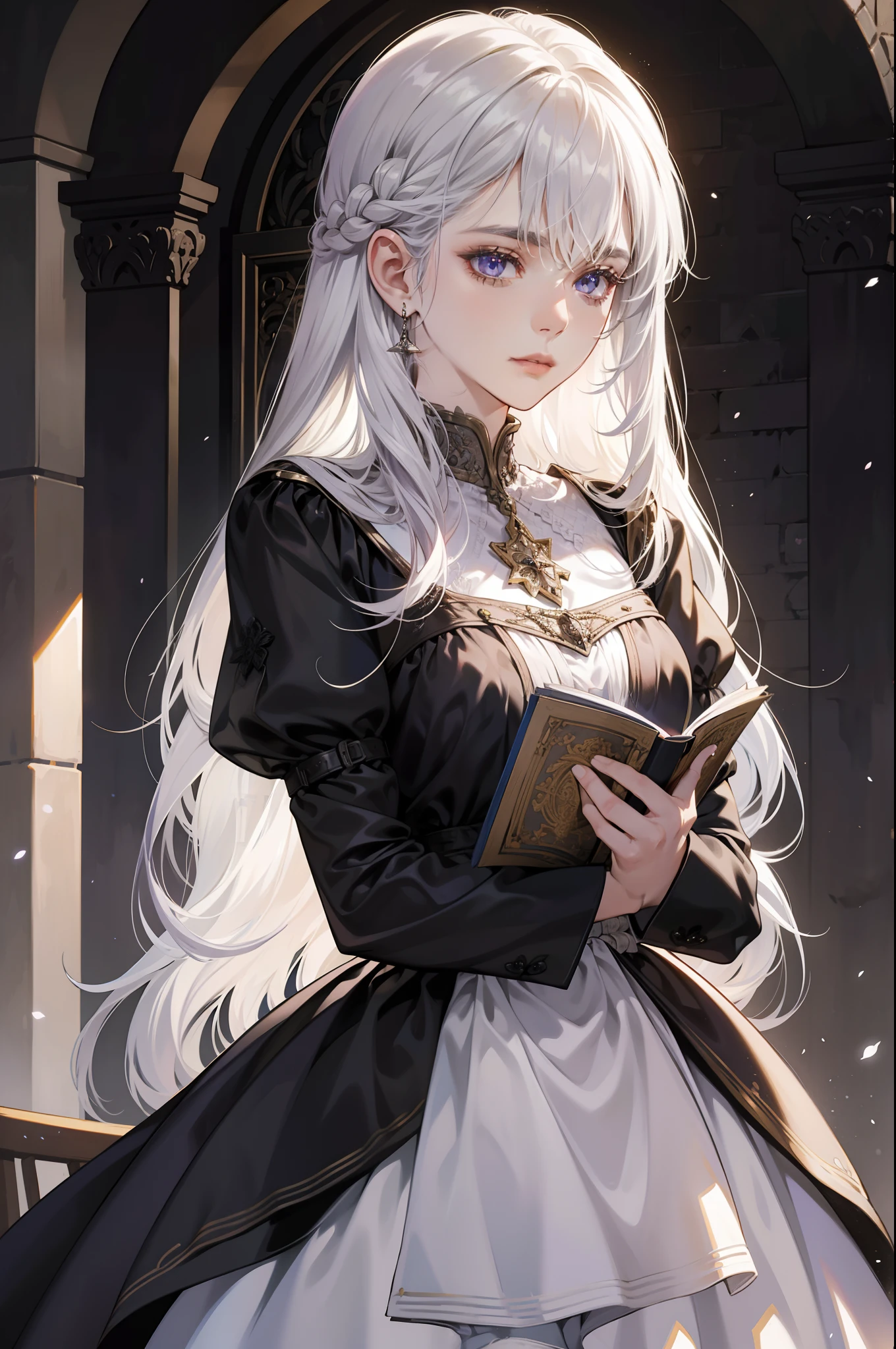 Beautiful woman reading in a medieval castle,long layered silvery white hair,Light purple eyes,Black dress,jewelry,Temperament,Full-HD,Lots of detail,Cinematic texture,Light,carefully drawn,atmosphere