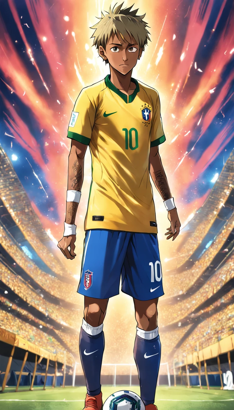 Neymar Jr with the shirt of the Brazilian national team , Standard scenario , melhor qualidade, best resolution , estilo anime , obra prima , olhar fixo