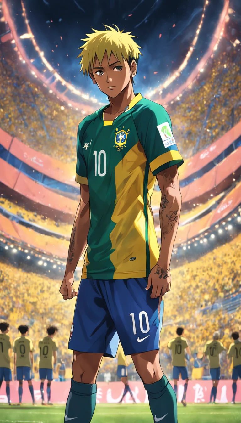 Neymar Jr with the shirt of the Brazilian national team , Standard scenario , melhor qualidade, best resolution , estilo anime , obra prima , olhar fixo