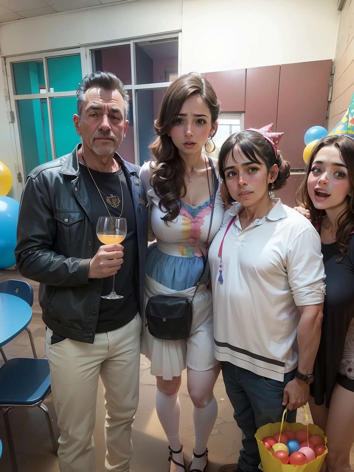 1 man 3 women at children's party with birthday balls in the background, Realistic photo, 8k, obra prima.