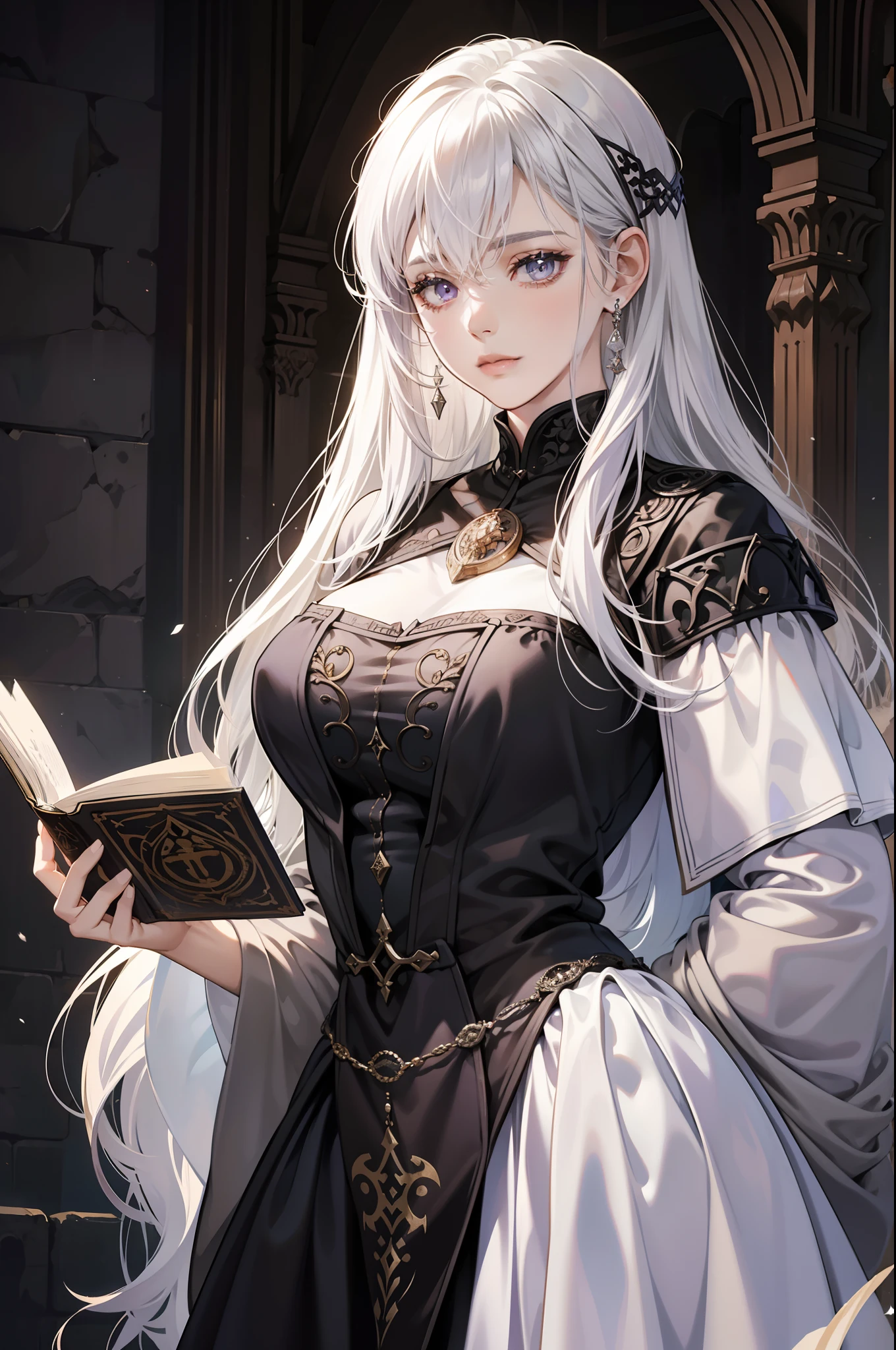Beautiful woman reading in a medieval castle,long layered silvery white hair,Light purple eyes,Black dress,jewelry,Temperament,Full-HD,Lots of detail,Cinematic texture,Light,carefully drawn,atmosphere