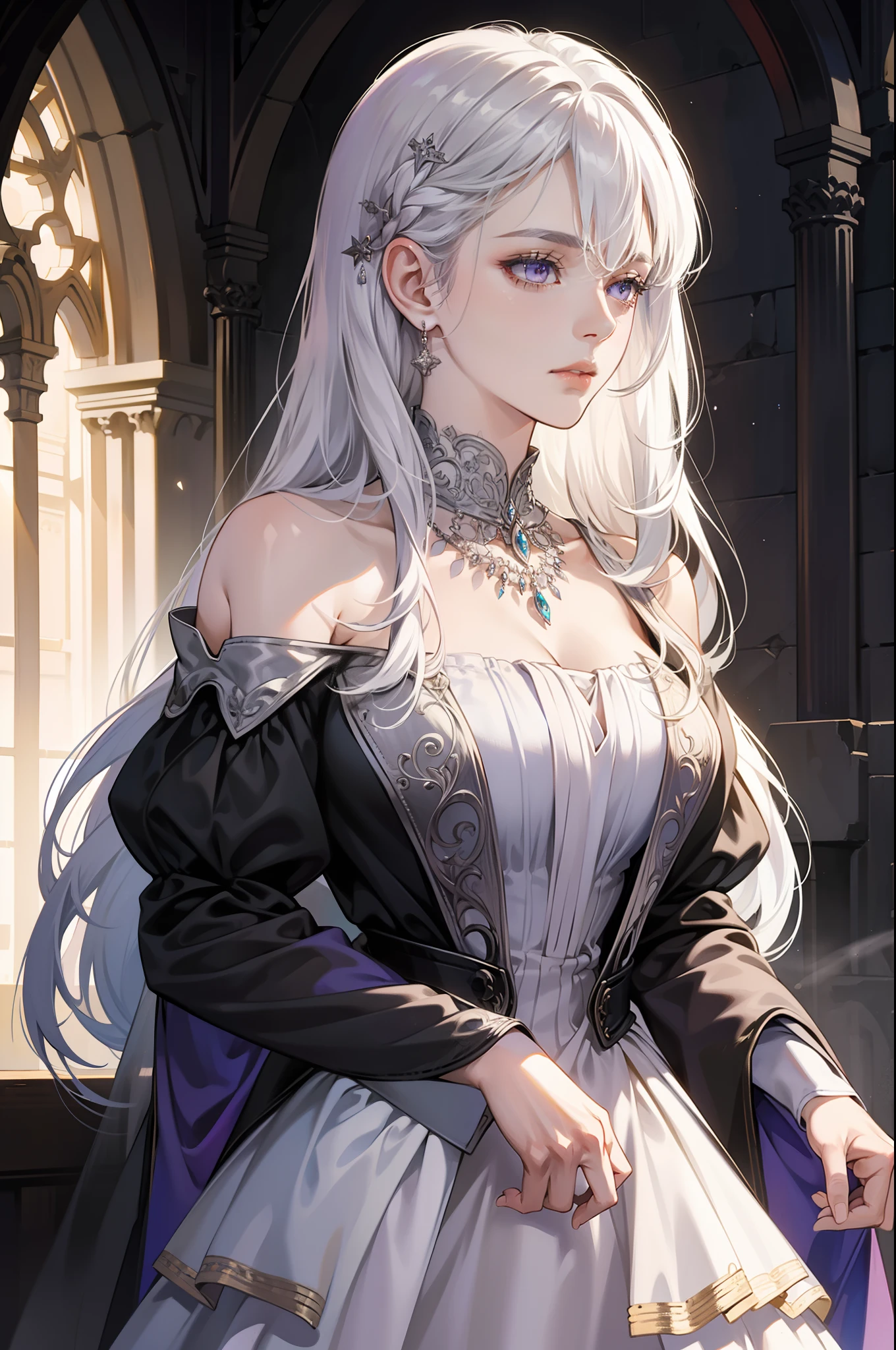 A woman with long silver-white hair lying on turf,Silvery-white hair,Long hair scattered,Purple eye,((Black dress)),The turf is covered with various flowers,Colorful,Light,Texture,bangs,Natural causes,Delicate and beautiful details,(Eye details),very detailed illustration