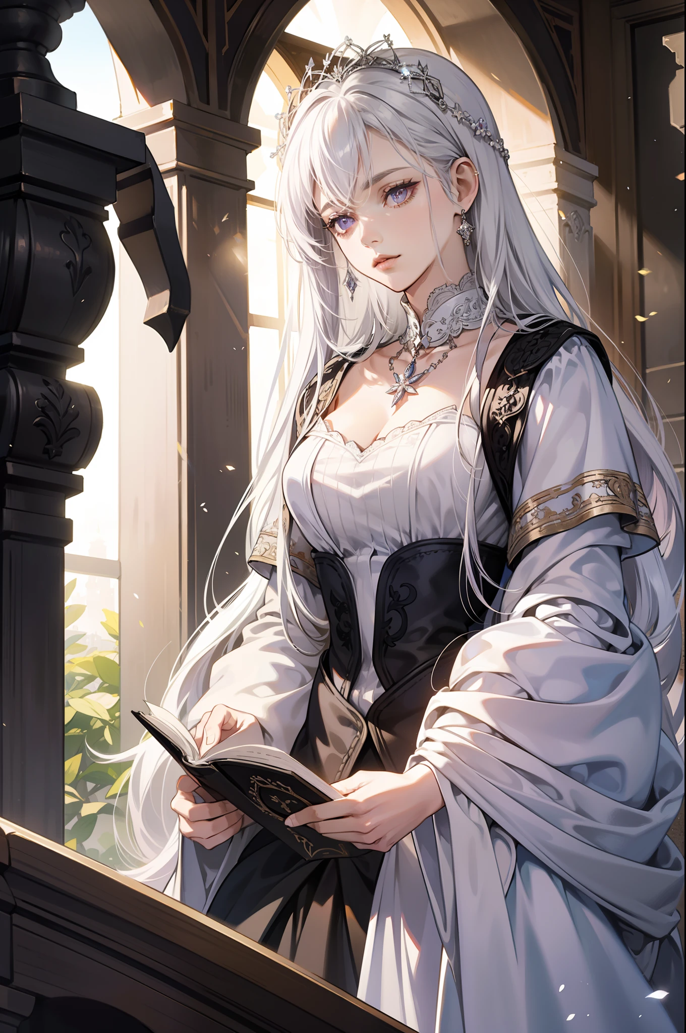 Beautiful woman reading in a medieval castle,long layered silvery white hair,Light purple eyes,Black dress,jewelry,Temperament,Full-HD,Lots of detail,Cinematic texture,Light,carefully drawn,atmosphere