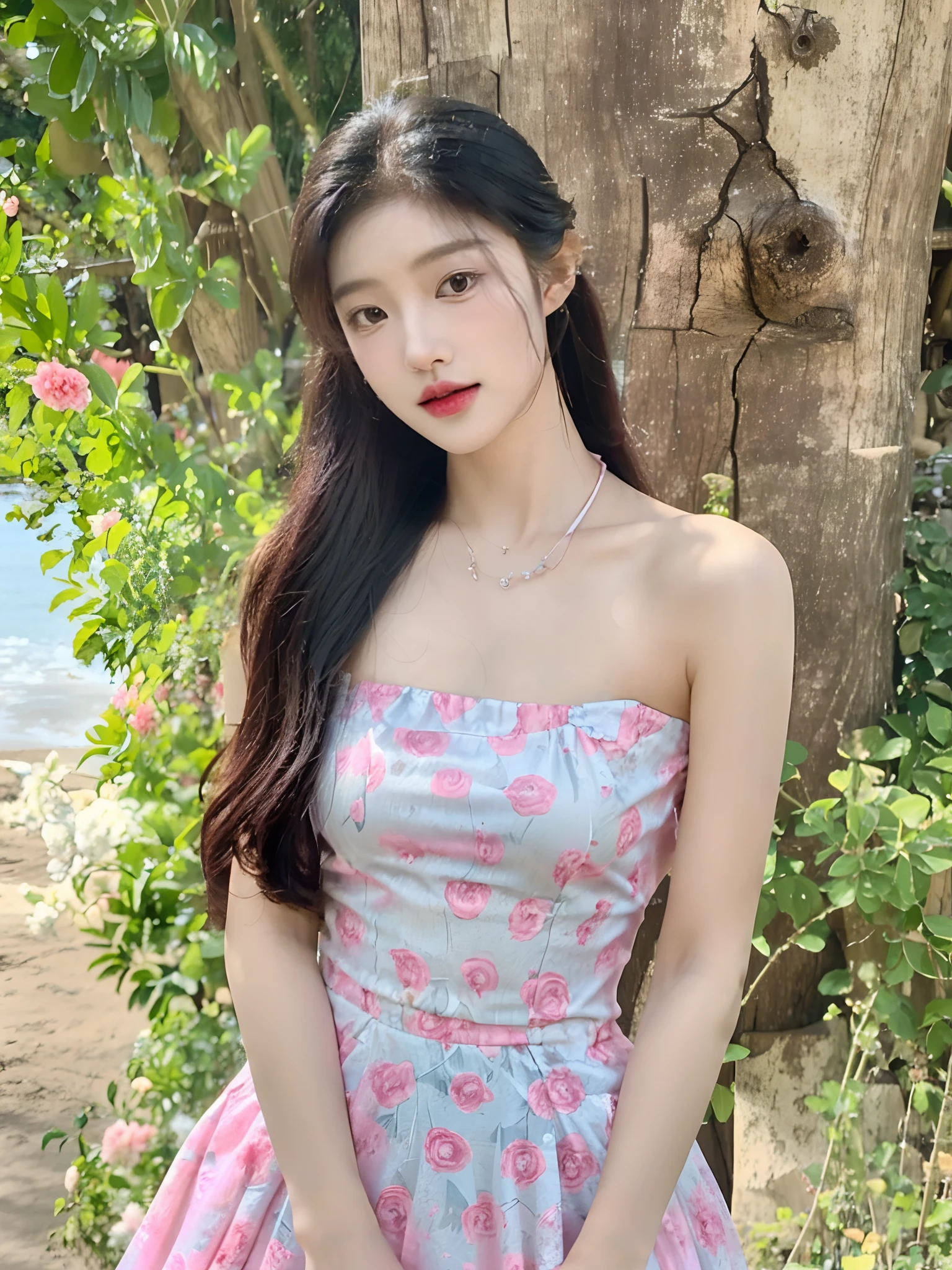 Araki woman in pink dress standing in front of a tree, Bandeau dress, bae suzy, wearing pink floral gown, shaxi, wearing pink floral chiton, xintong chen, Shin Jinying, jia, 8K)), yanjun cheng, jisoo from blackpink, wenfei ye, jisoo of blackpink, Strapless dress, Cheongsam，（（（Open-mouthed））），（（（teeth））），seductiv