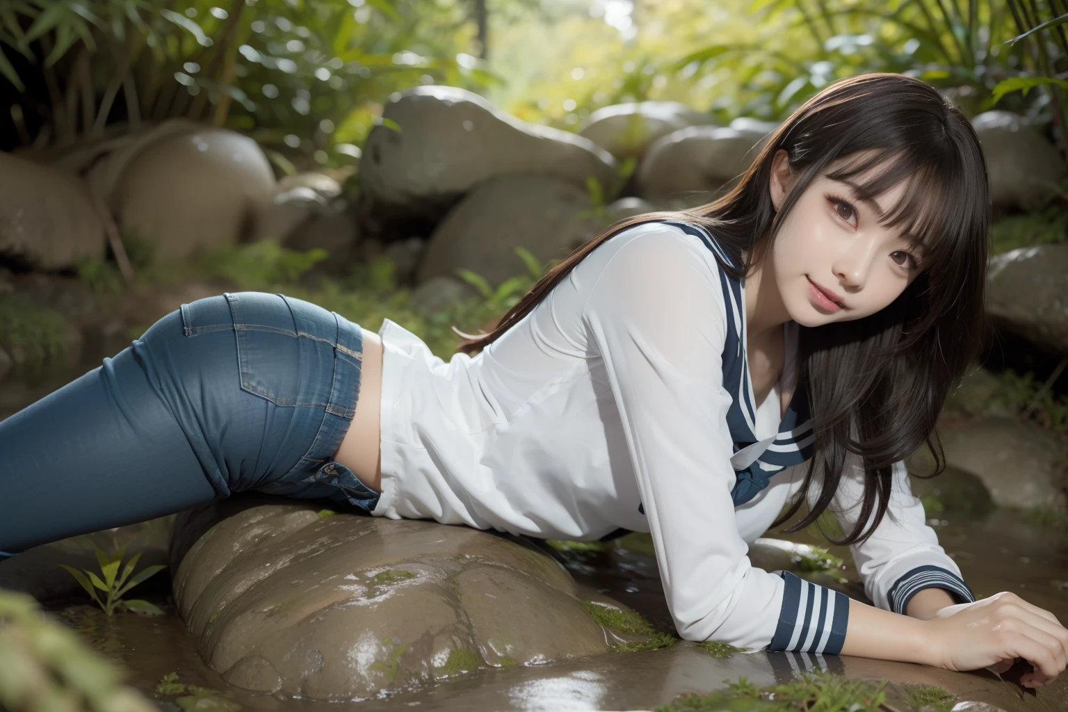 a pregirl，ssmile, looking at viewert, sailor uniformm,skintight jeans，photore, realisticlying, Best quality at best, employee, 详细的脸，Lying on a large mossy stone in a bamboo forest， diffuselighting, depth of fields