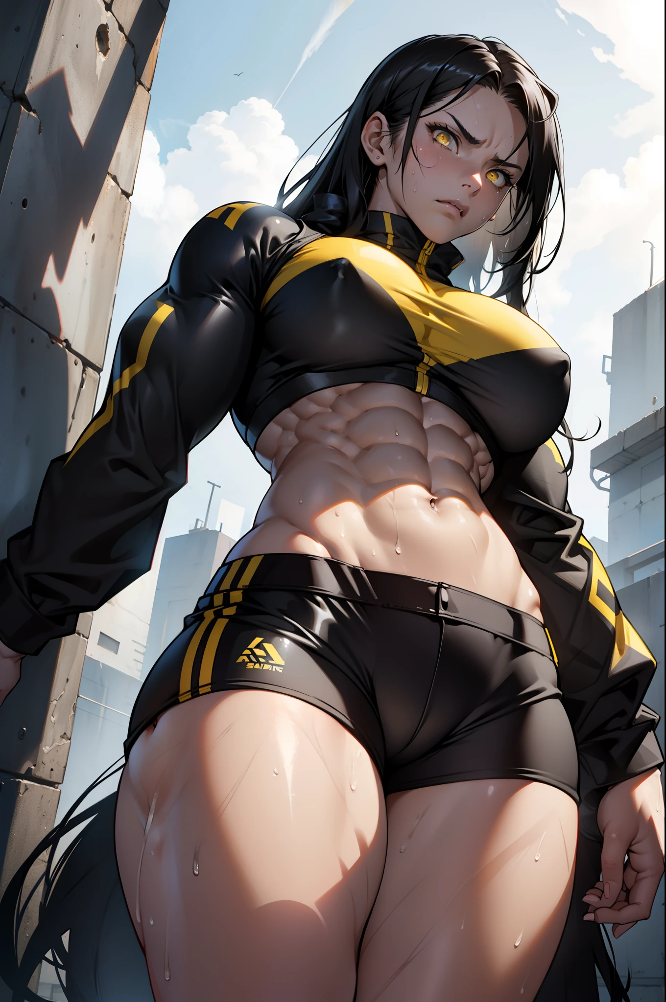 1 girl, solo, black hair, yellow eyes, extremely long hair, ((((muscular)))), (thick thighs), (large breasts), angry, pale skin, ((shiny skin)), ((sweaty)), abs, navel, from below