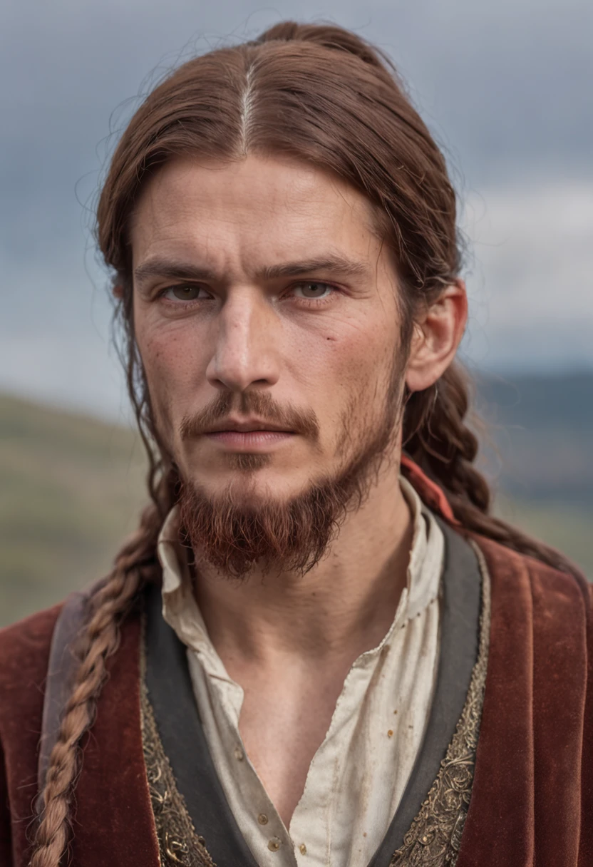 Portrait Photography, face shot of a mix between James Hébert and Ben Robson as a weathered 30 year-old man, ugly, hideous, strapping, wide shoulders, well-built, rugged, long copper rust-colored hair, hair tied in a loose ponytail, widow's peak, short but thick beard, medieval fantasy rebel leader clothes, confident expression, intense stare, in a hilly landscape, The colors are masterfully captured by Nikon D850 and a Nikon AF-S NIKKOR 70-200mm f/2.8E FL ED VR lens, Peter Jackson, fantasy, historical