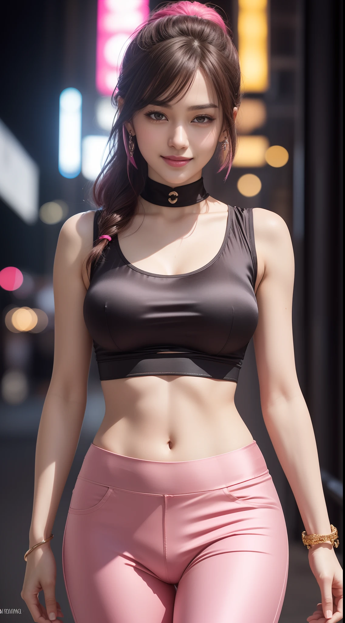 8k, masterpiece, RAW photo, best quality, photorealistic, extremely detailed CG unity 8k wallpaper, Depth of field, Cinematic Light, Lens Flare, Ray tracing, (extremely beautiful face, beautiful lips, beautiful eyes), intricate detail face, ((ultra detailed skin)) 1girl, in the dark, deep shadow, pretty korean girl, kpop idol, 1 girl, (very slim slender fit-muscled body:1.3), ((looking at viewer)),(big smile:1.3), (tight laced blouse), (hot pink color blouse), (sleeveless) , (fashion city night, dark night, (neon sign), (blurred background), fashion street night),(without people in the background:1.3), beautiful earrings, bracelets, necklace, pantyhose, clear eyes, (pale skin), (big eyes), face forward, ((upper body shot)), ((silk hot pink color pants:1.3)),(brown hairs),((tight fitting silk pants)), (looking at viewer:1.3) open breast, very slim, medium breasts, see through, transparent pants, pony tail, updo hair, ((camel toe))