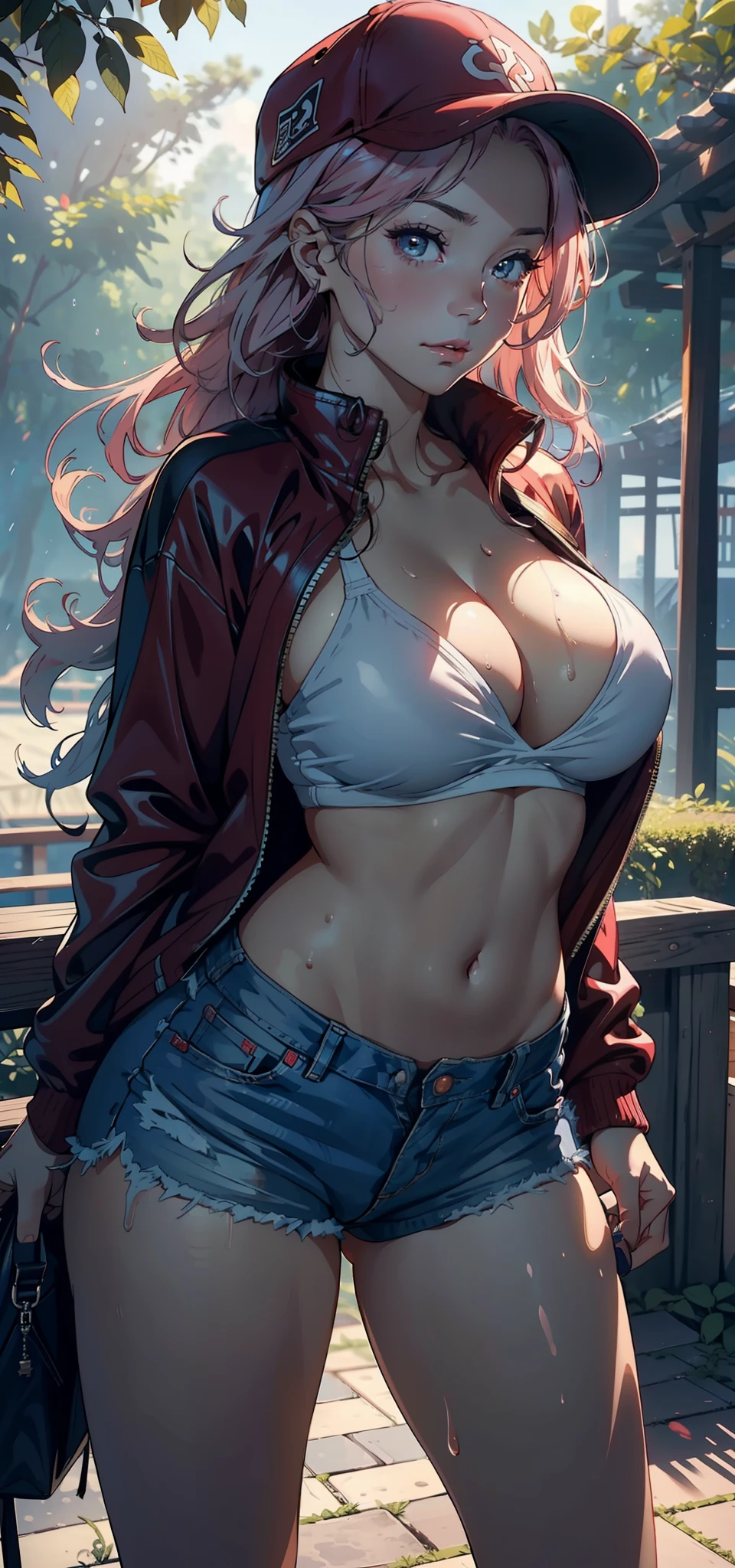 1female，35yo，熟妇，the super hot and sexy，gigantic cleavage breasts，Pornographic exposure， 独奏，（Background with：ln the forest，the rainforest，in summer） She has long pink hair，The hair was long，With baseball cap，standing on your feet，Sweat profusely，drenched all over the body，seen from the front， curlies， mostly cloudy sky，（（（tmasterpiece），（Very detailed CG unity 8K wallpaper），best qualtiy，cinmatic lighting，detailed back ground，beatiful detailed eyes，Bright pupils，（Very fine and beautiful），（Beautiful and detailed eye description），ultra - detailed，tmasterpiece，）），facing at camera，A high resolution，ultra - detailed），，revealing breasts，Bare genitalia， Bulge，Camel toes，Raised sexy，Flushed complexion，Open-mouthed，frontage，（Wearing：Red baseball jacket，Denim tong，athletic sneakers）fully body photo，Show shoes