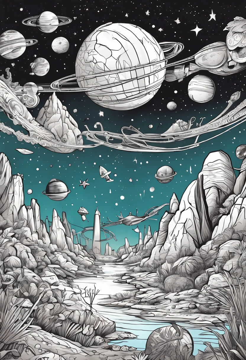 An exhilarating space adventure for a children's coloring book, where brave explorers embark on a journey to explore a distant planet. The starlit sky illuminates their path, and a friendly crescent moon graces the horizon. The planet's landscapes are fantastical, with whimsical mountains and imaginative alien flora. The sense of discovery and wonder fills the air as the spaceships touch down on the alien soil. Delightful line art ready for young artists to color, capturing the magic of exploration.