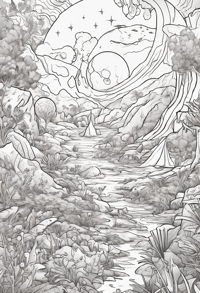 An exhilarating space adventure for a children's coloring book, where brave explorers embark on a journey to explore a distant planet. The starlit sky illuminates their path, and a friendly crescent moon graces the horizon. The planet's landscapes are fantastical, with whimsical mountains and imaginative alien flora. The sense of discovery and wonder fills the air as the spaceships touch down on the alien soil. Delightful line art ready for young artists to color, capturing the magic of exploration.