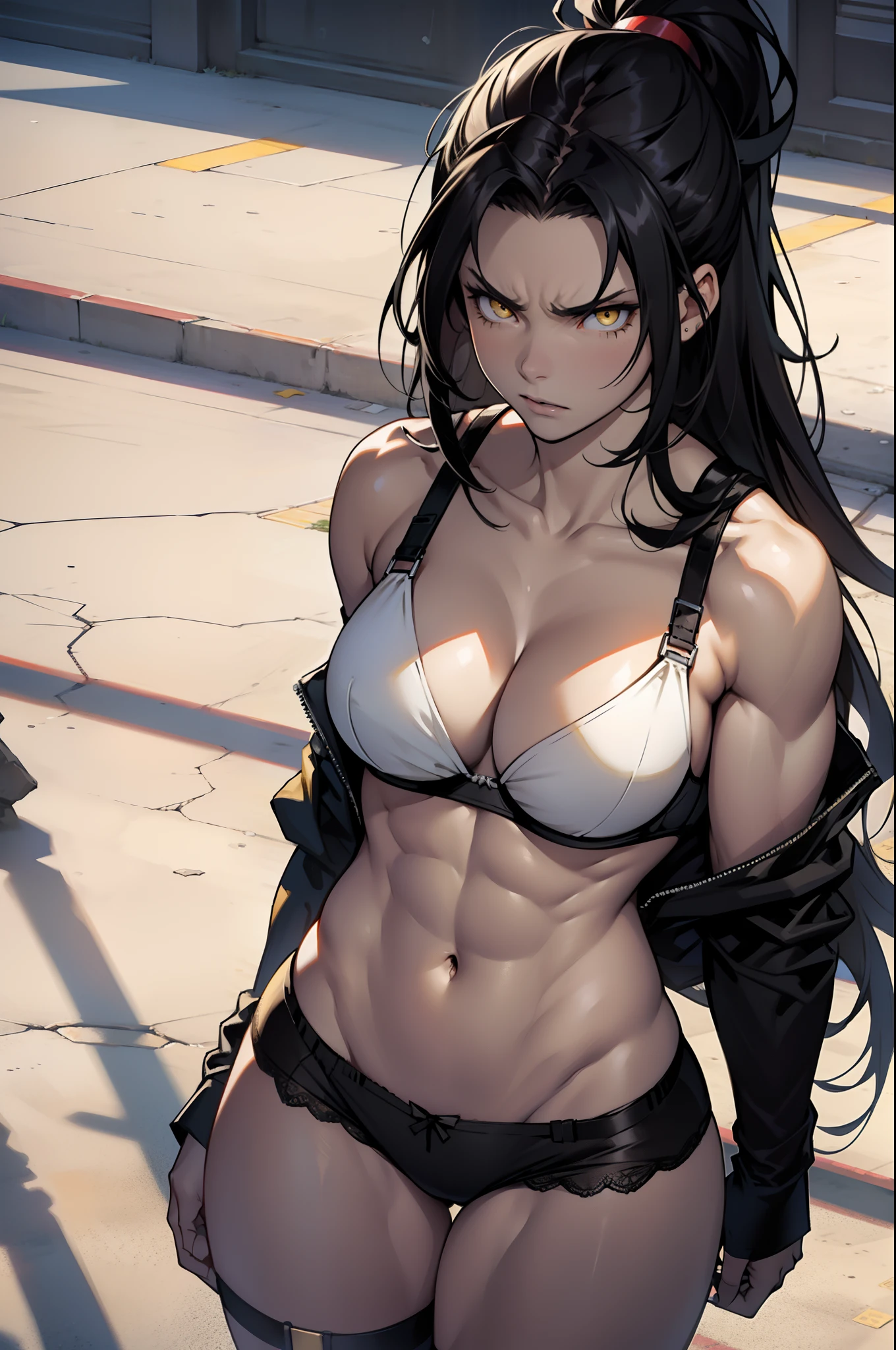 1 girl, solo, black hair, yellow eyes, extremely long hair, ((muscular)), thick thighs, large breasts, angry, pale skin, abs, navel, (bra and panties), from above