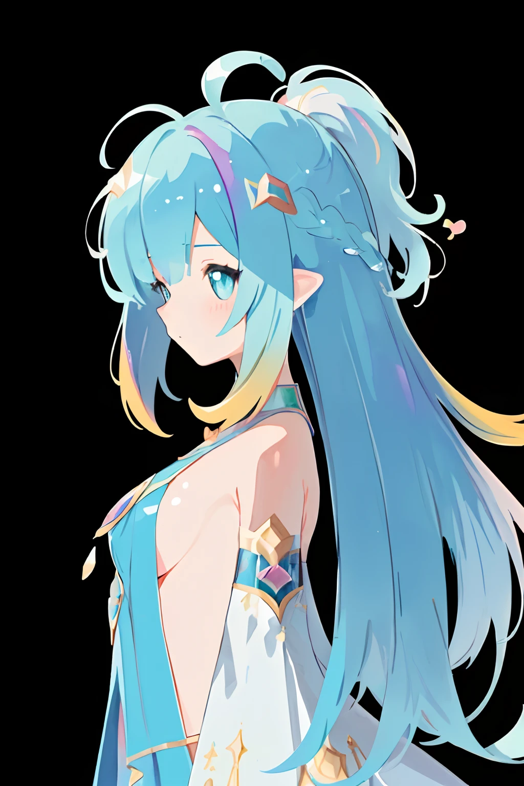 ((extremelydetailedCG)),((8K_Wallpaper)),(((masutepiece))),((top-quality)),watercolor paiting_(Medium),((Beautiful detail starry sky)),both sexes, cinmatic lighting,Princess,very long iridescent hair,from side view,LookingATVIEWER,fullllbody,frilld,(Far from the viewer),((Highly detailed facial)),((Very delicate and beautiful girl)),((extremely detailed cute anime face)),((Very detailed eyes)),(((extra detailed body))),(ultra-detailliert),Illustration,((bare stomach)),((Bare shoulders)),smallbreast,((sideboob barbosa)),((((Floating and rainbow hair)))),(((Iridescence and rainbow hair))),(((Very detailed clothes))),((((Rainbow and iridescent colors)))),(Rainbow colors and rainbow eyes),Beautiful detail hair,Beautiful fece,dramaticangle,(big top sleeves),frilld,blush,(Ahoge)