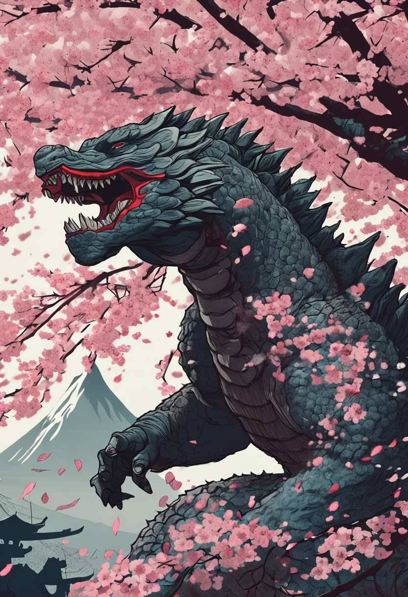 "Sakura blossoms in ancient Japan, an epic battle between Godzilla and massive monsters, fierce fights with katanas, agile ninjas."