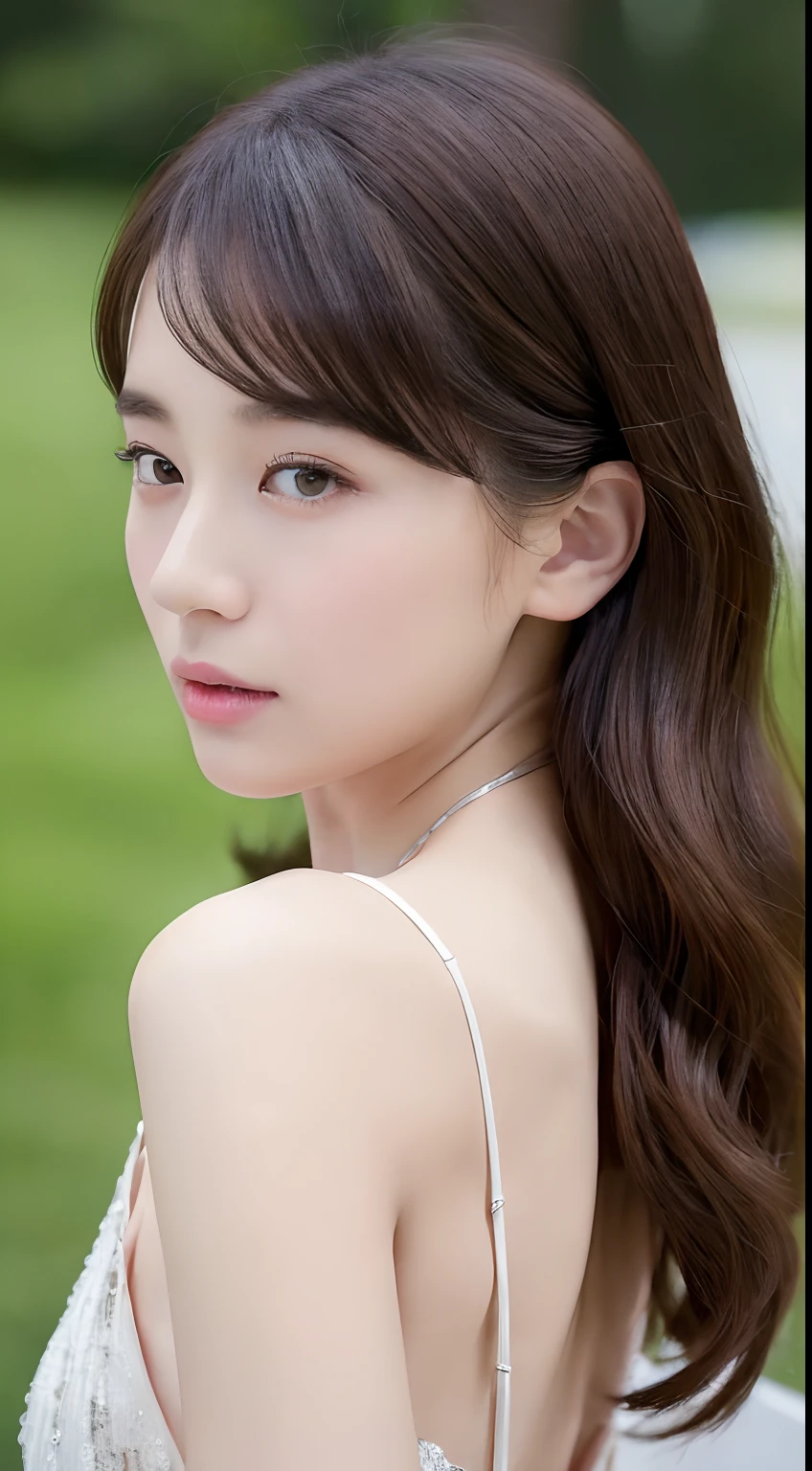 (daydream), 1girl, 1picture, solo picture, Kim Yoo-jung, (pretty young face (Russian)), focus brave chest, (insult strip colour hair), (lace dress), (8k HD extremely realistic detailed face:1.5 (soft scene, very low lightning), detailed beautiful reflection pupils, masterpiece:1.3, ultra highres:1.2, dynamic lighting)